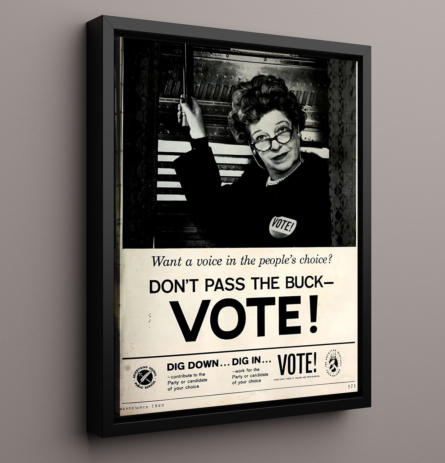 Historical - Public Service Announcement Poster - Dont Pass The Buck Vote 1960 Civic Campaign History Wall Art