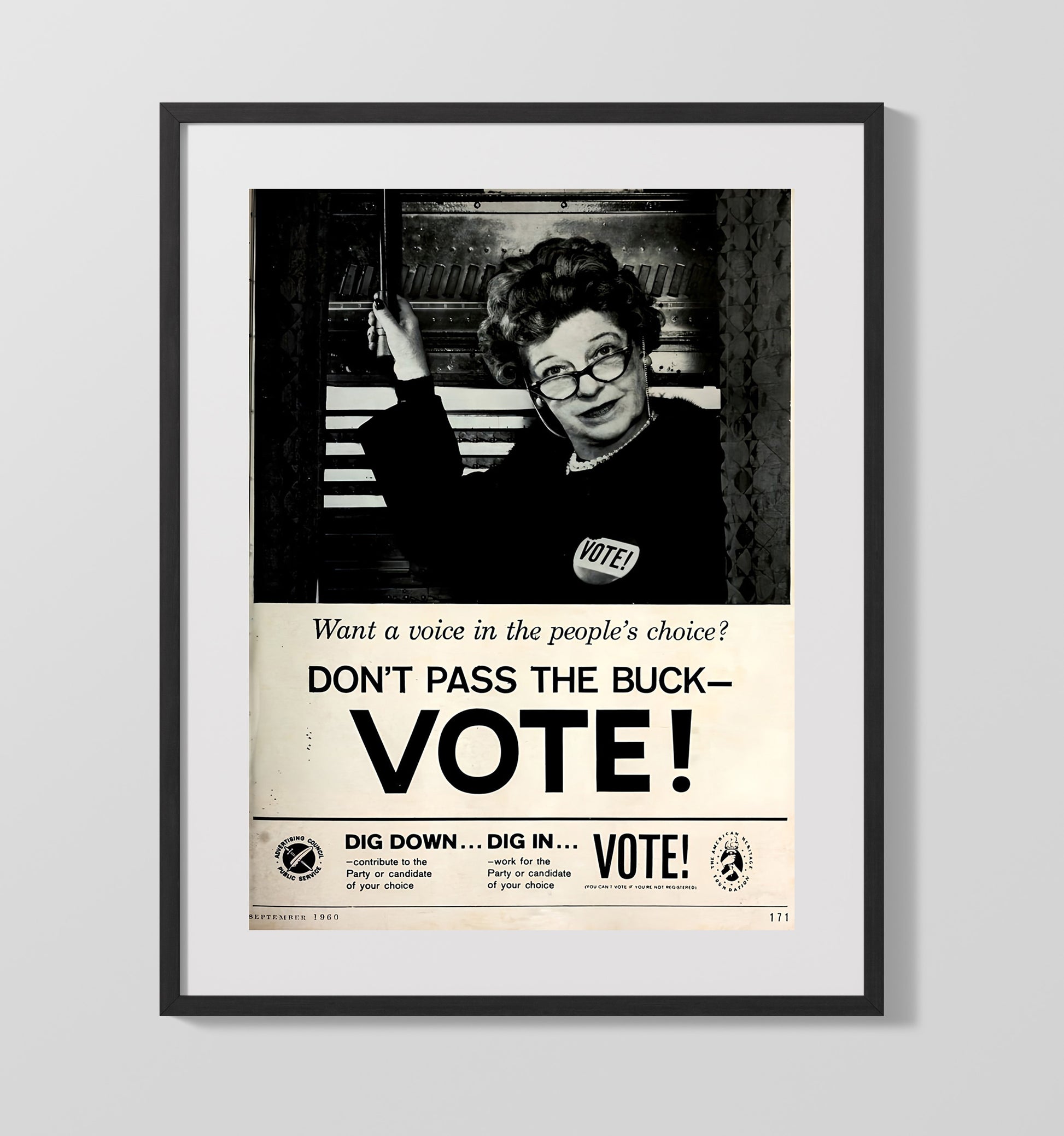 Historical - Public Service Announcement Poster - Dont Pass The Buck Vote 1960 Civic Campaign History Wall Art