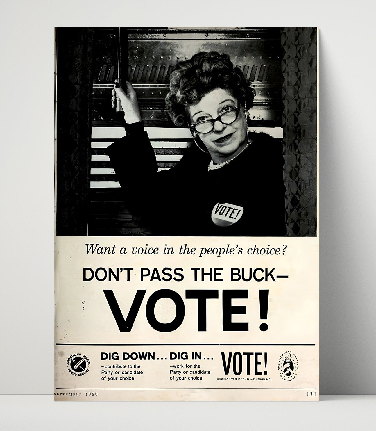 Historical - Public Service Announcement Poster - Dont Pass The Buck Vote 1960 Civic Campaign History Wall Art