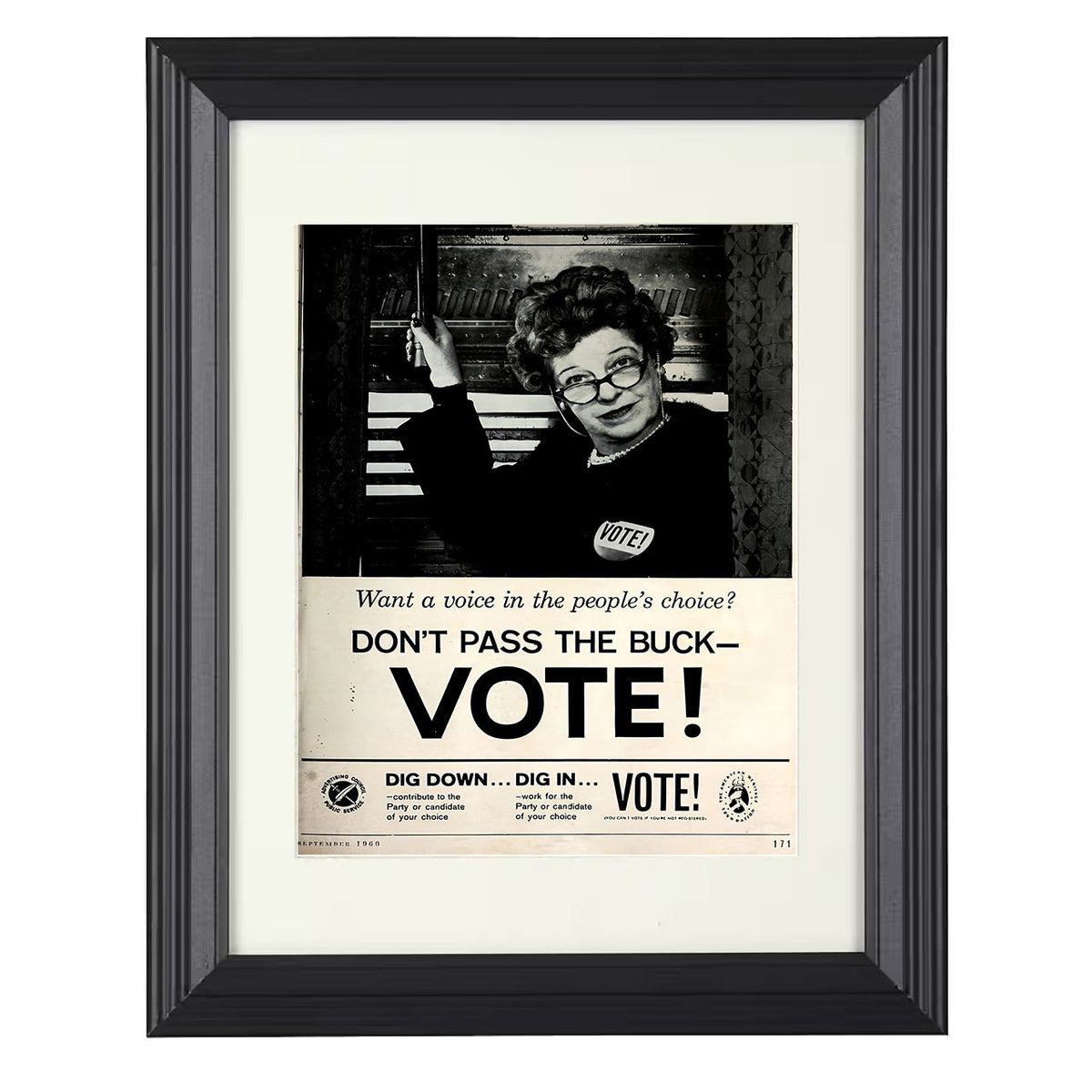 Public Service Announcement Poster - Dont Pass the Buck Vote 1960 Civic Campaign 8x10 Beveled Frame history wall art