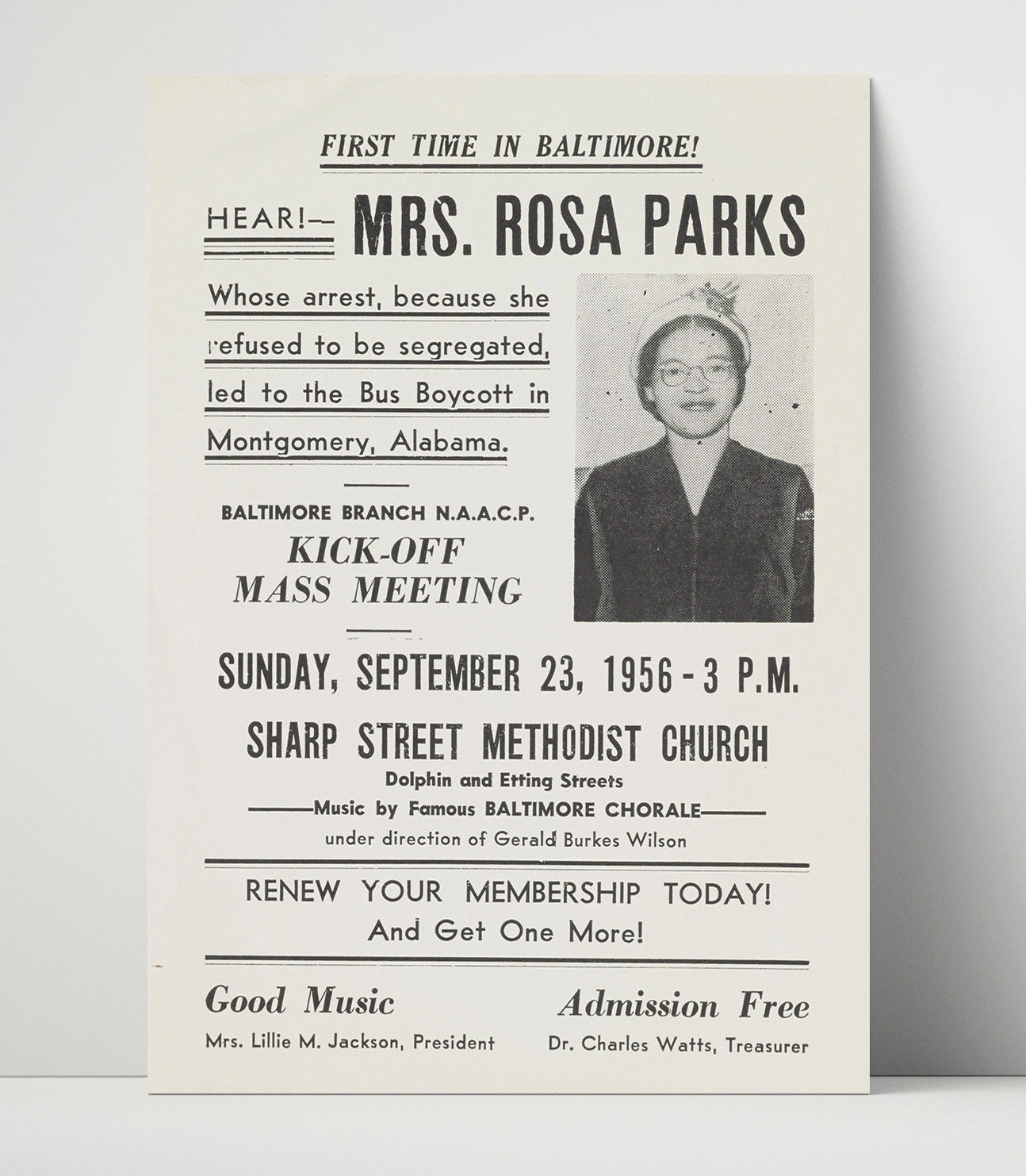 Historical - Rosa Parks - Baltimore Naacp Mass Meeting Poster 1956 History Wall Art