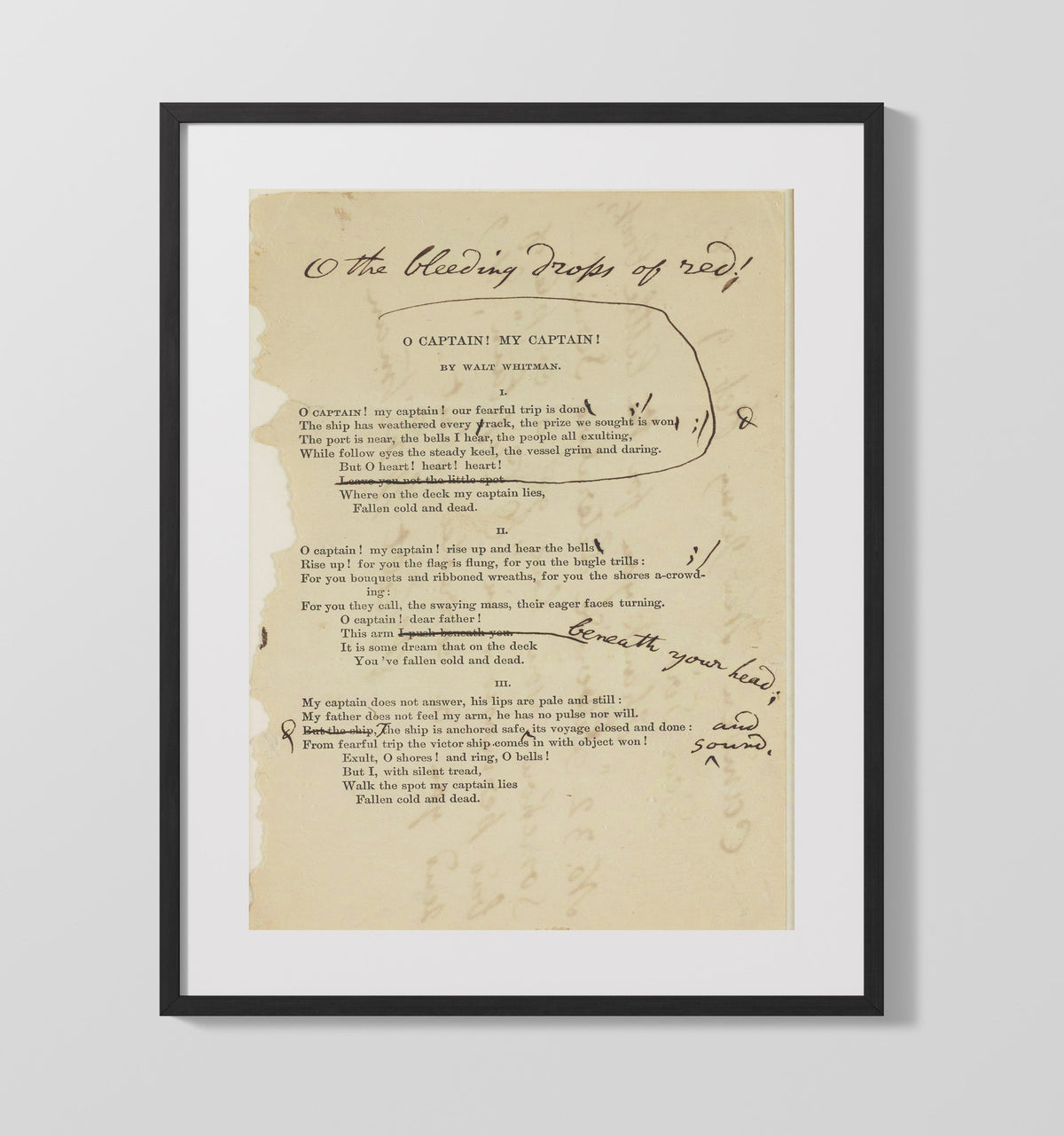 Walt Whitman - O Captain My Captain Manuscript Page 1865 16x20 Gallery Frame history wall art