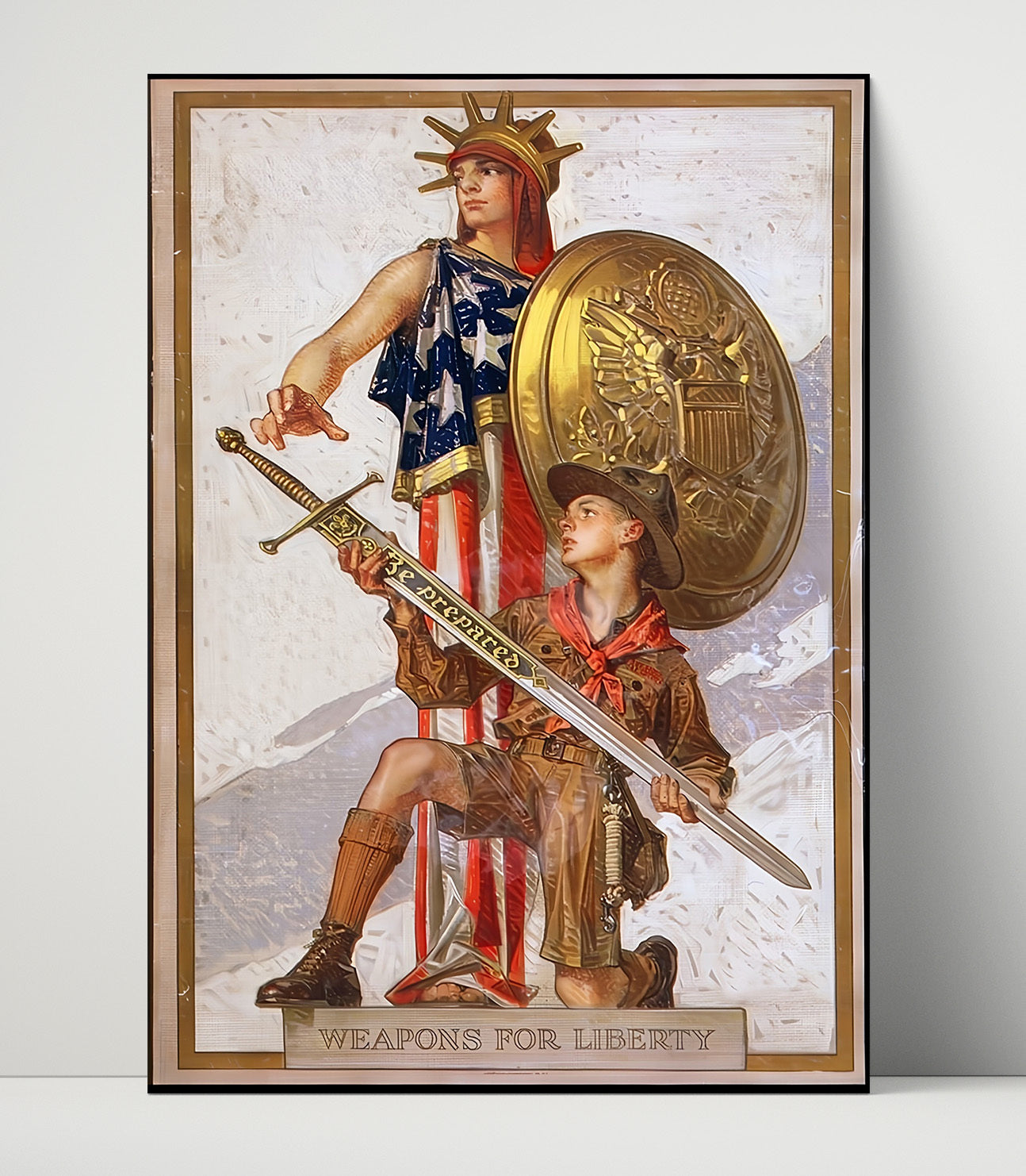 Historical - War Bond Poster - Weapons For Liberty Soldier And Shield Illustration History Wall Art