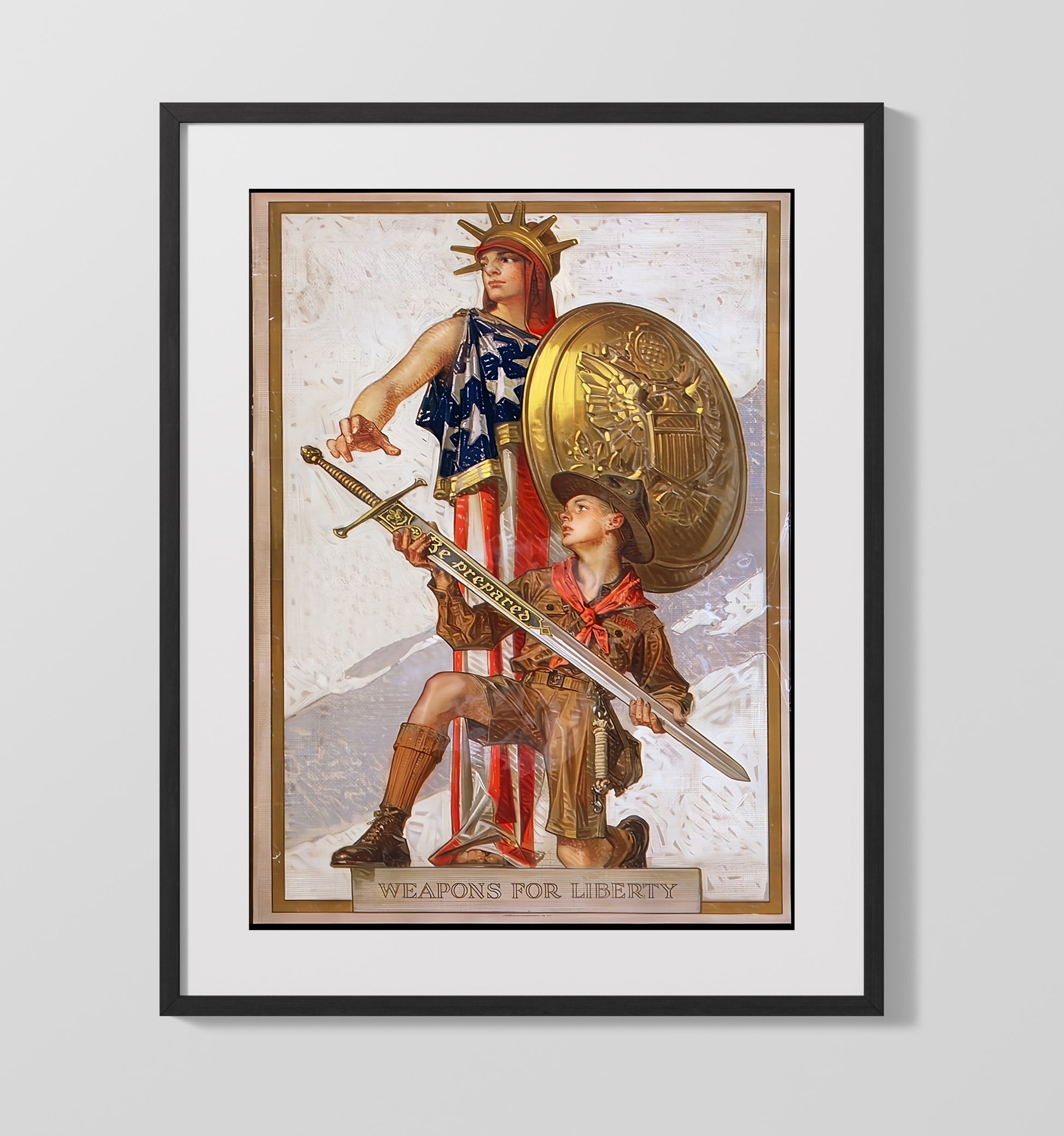 Historical - War Bond Poster - Weapons For Liberty Soldier And Shield Illustration History Wall Art