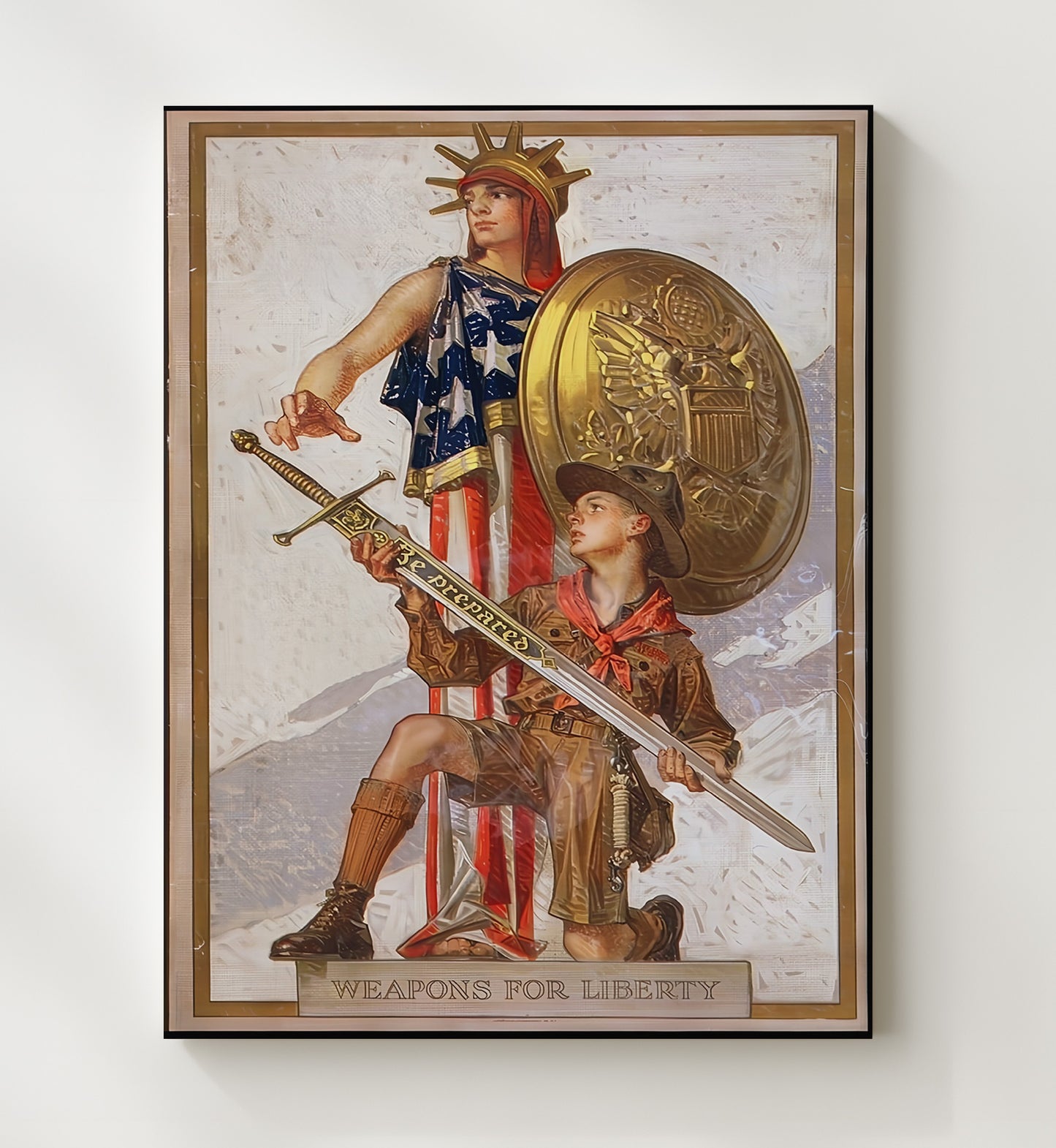 Historical - War Bond Poster - Weapons For Liberty Soldier And Shield Illustration History Wall Art