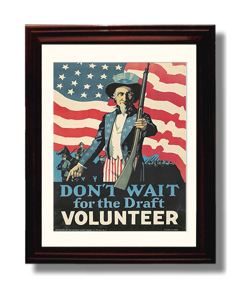 Historical - War Poster - Uncle Sam Dont Wait Volunteer Draft Recruitment History Wall Art