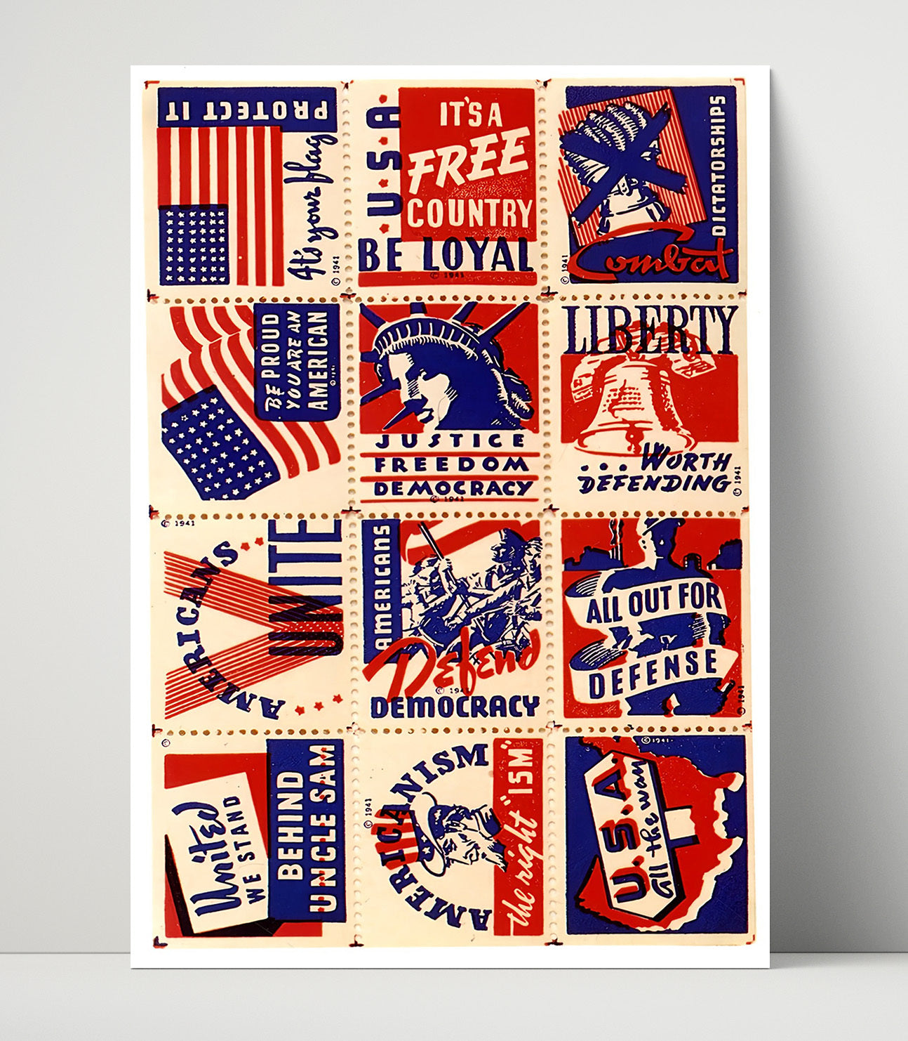 Historical - World War Ii Propaganda Poster - American Unity Stamp Style Patriotic Messages History Wall Art