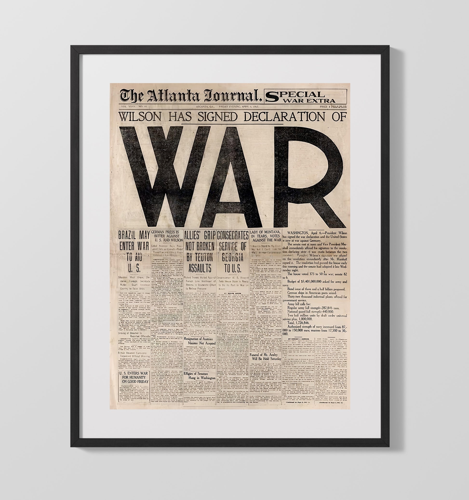Historical - World War I Headline - Woodrow Wilson U.S. War Declaration Newspaper 1917 History Wall Art