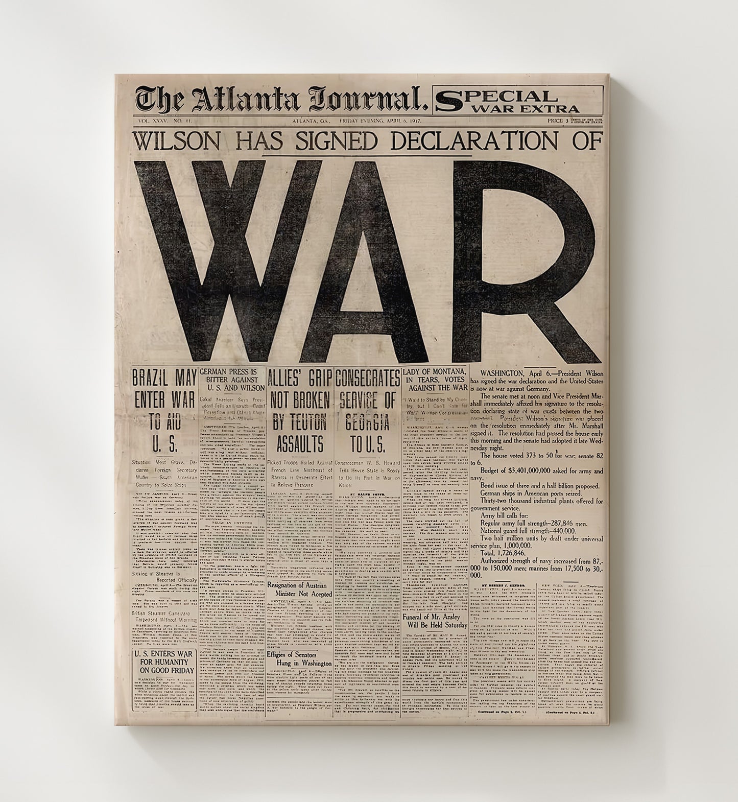 Historical - World War I Headline - Woodrow Wilson U.S. War Declaration Newspaper 1917 History Wall Art