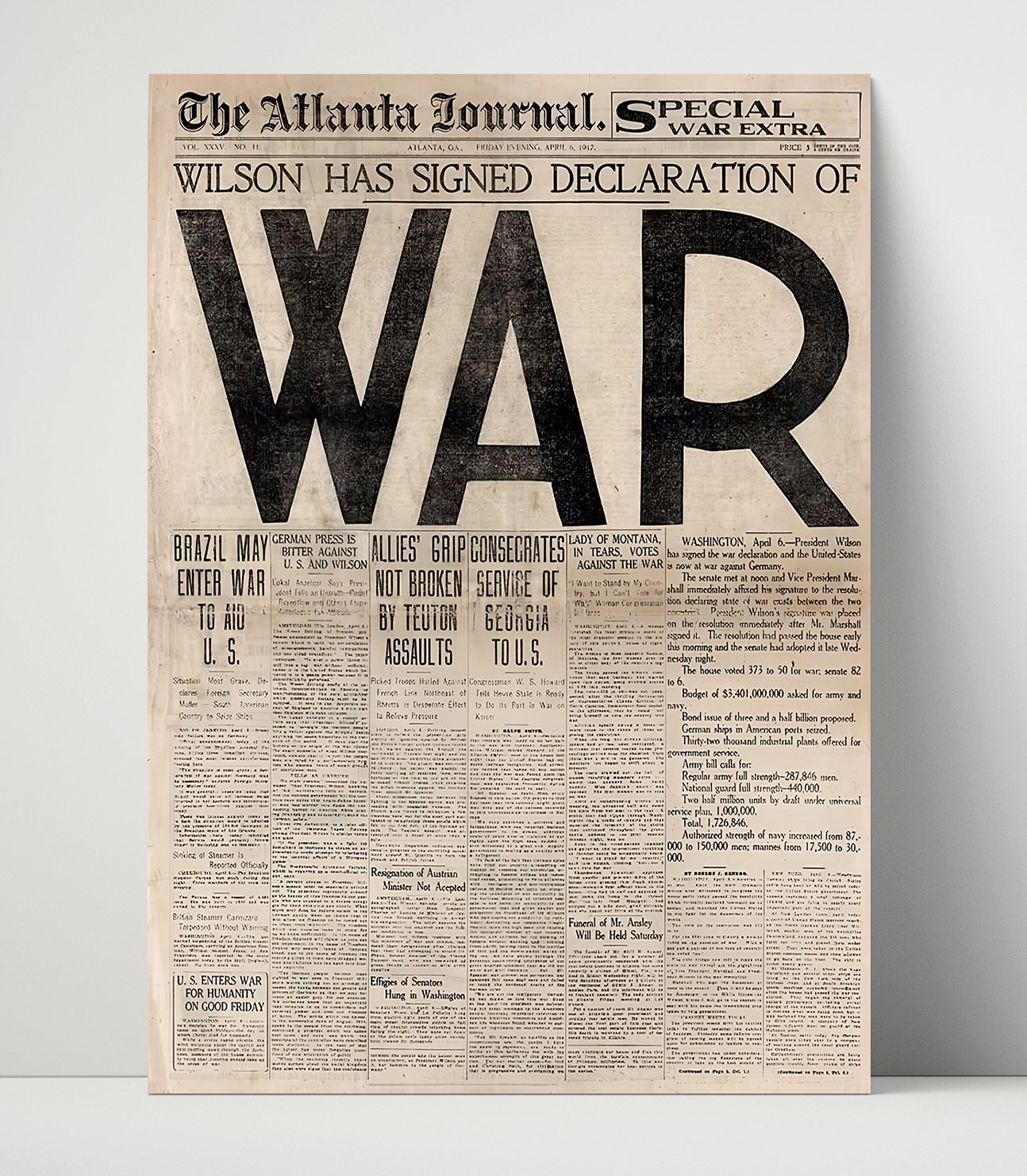 Historical - World War I Headline - Woodrow Wilson U.S. War Declaration Newspaper 1917 History Wall Art