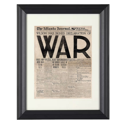 World War I Headline - Woodrow Wilson U.S. War Declaration Newspaper 1917 8x10 Beveled Frame history wall art