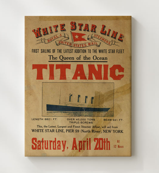 RMS Titanic - White Star Line First Sailing Advertisement April 20 1912 8x10 Canvas history wall art