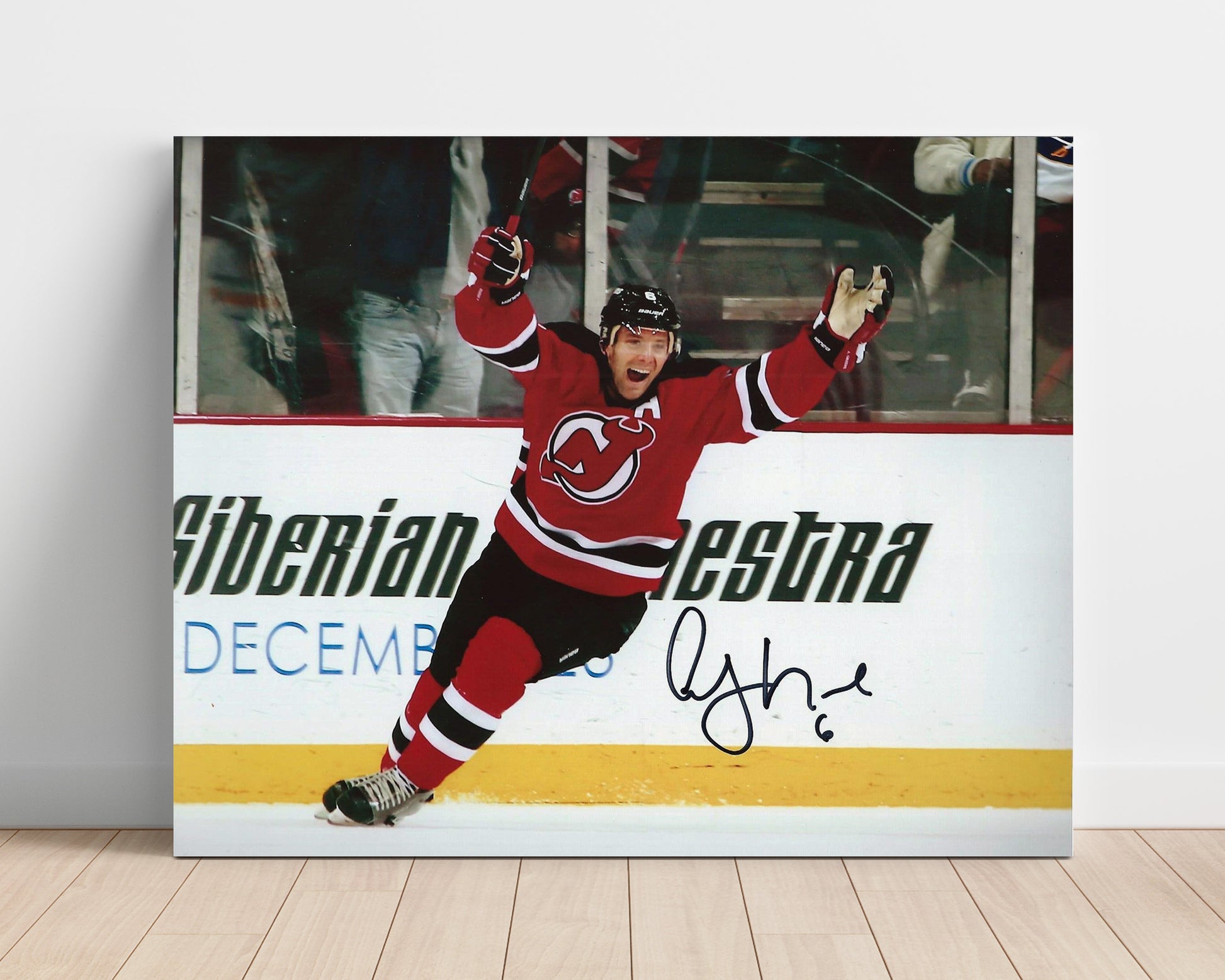 Andy Greene - New Jersey Hockey Goal Celebration Boardside Hockey Wall Art - hockey wall art print