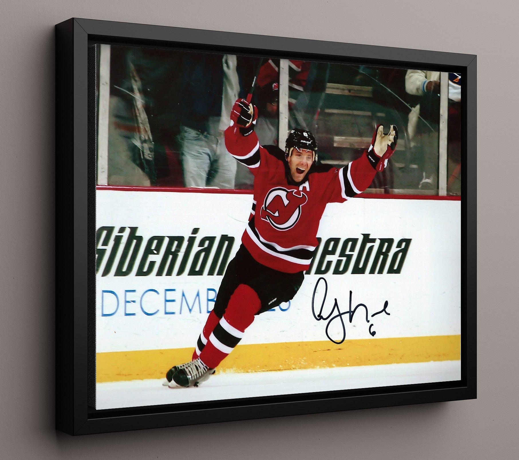 Andy Greene - New Jersey Hockey Goal Celebration Boardside Hockey Wall Art - hockey wall art print