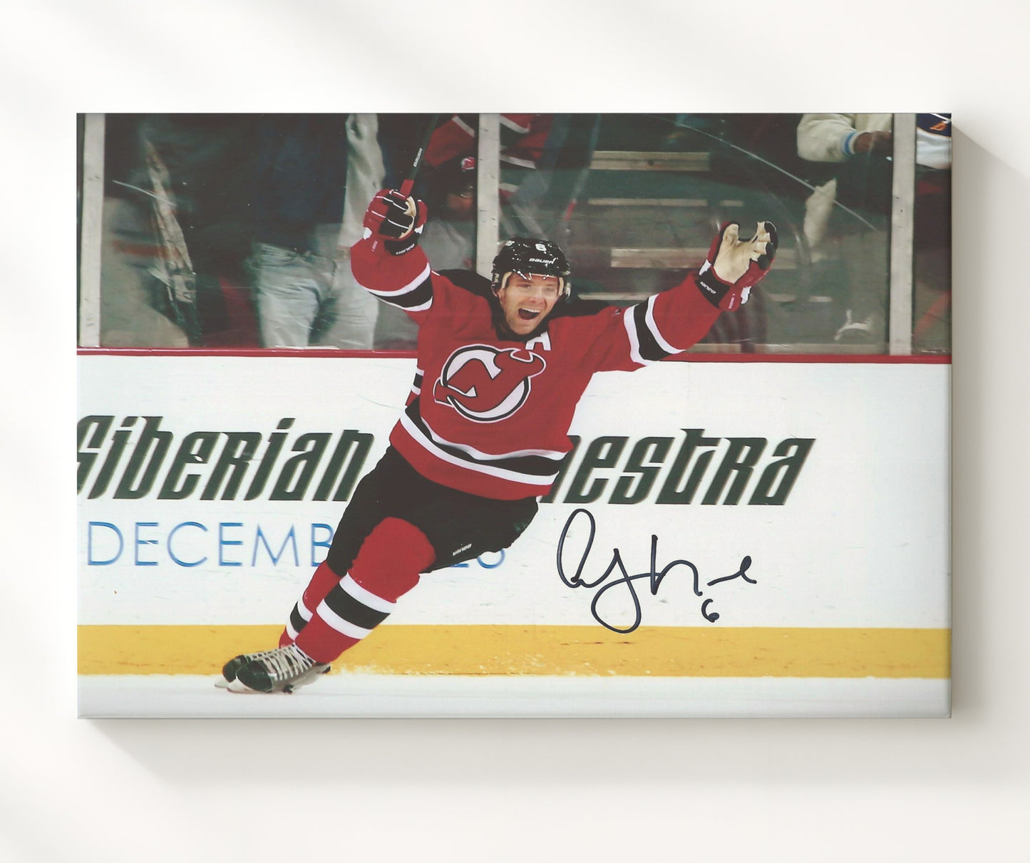 Andy Greene - New Jersey Hockey Goal Celebration Boardside Hockey Wall Art - hockey wall art print