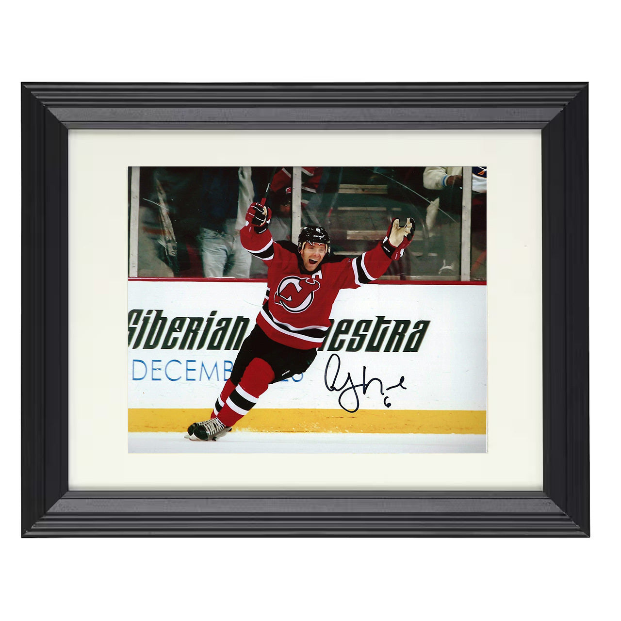Andy Greene – New Jersey Goal Celebration Boardside 8x10 matted black framed hockey wall art
