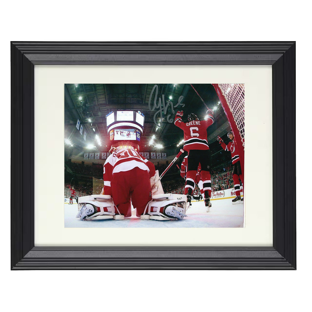 Andy Greene – New Jersey Goal Celebration Net Camera 8x10 matted black framed hockey wall art