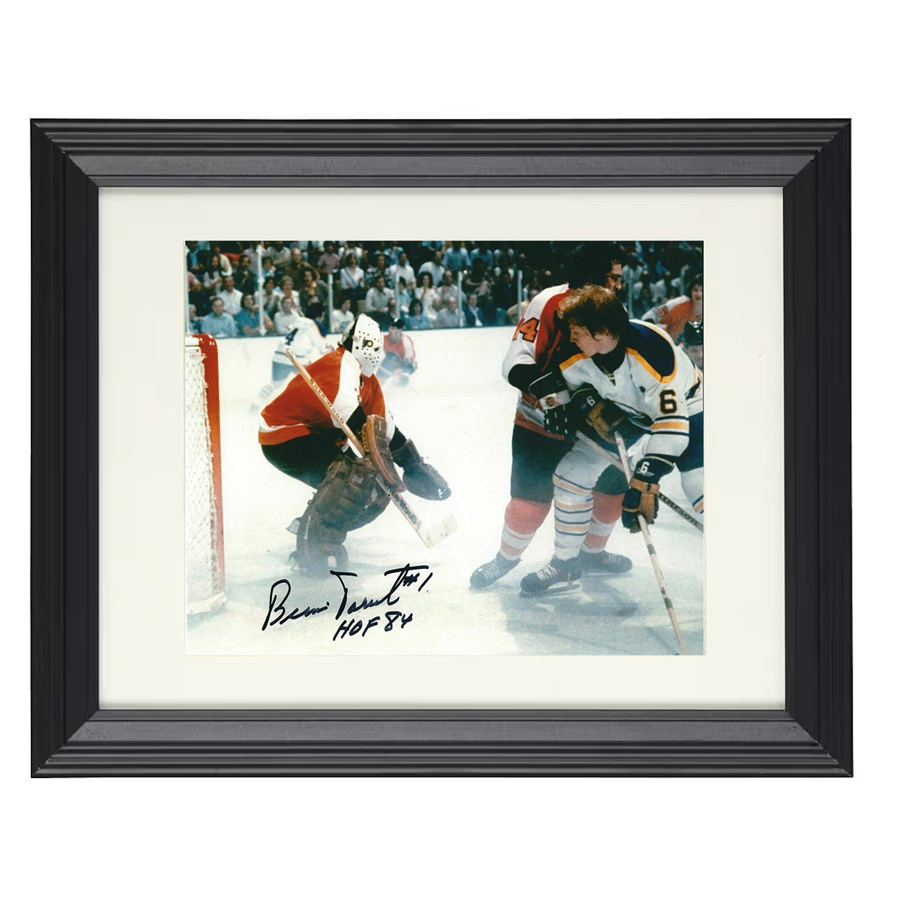 Bernie Parent – Philadelphia Goalie Save vs. Boston Vintage 8x10 matted black framed hockey wall art
