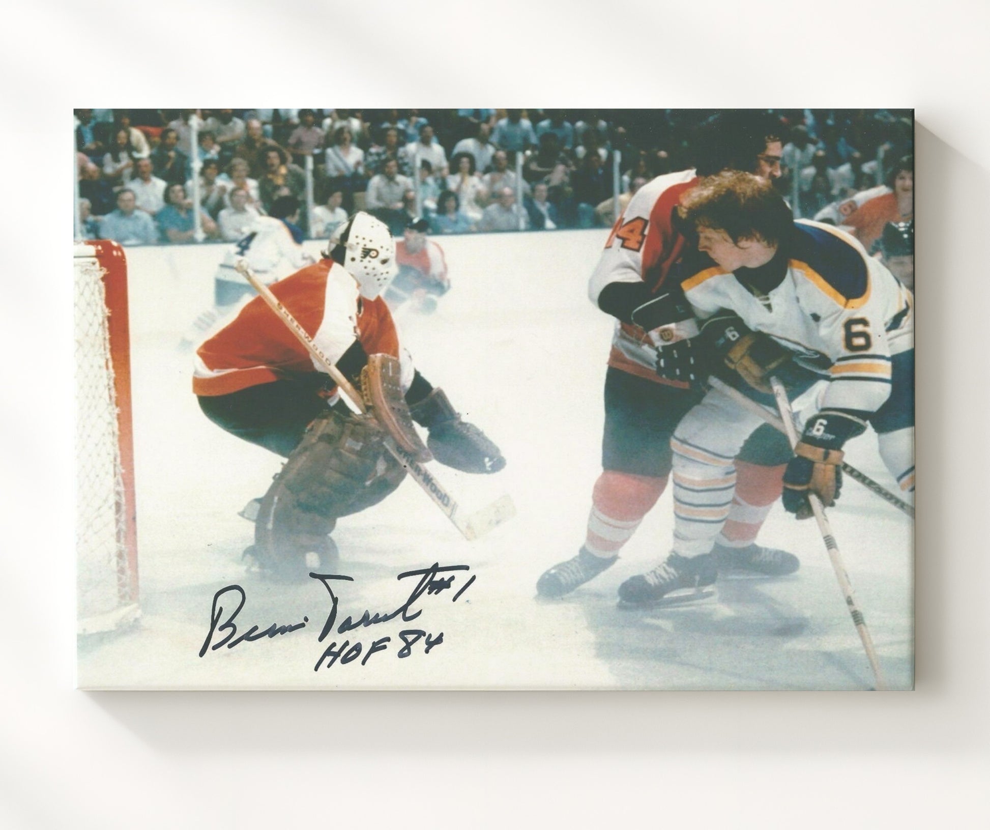 Bernie Parent - Philadelphia Hockey Goalie Save vs Boston Vintage Hockey Wall Art - hockey wall art print