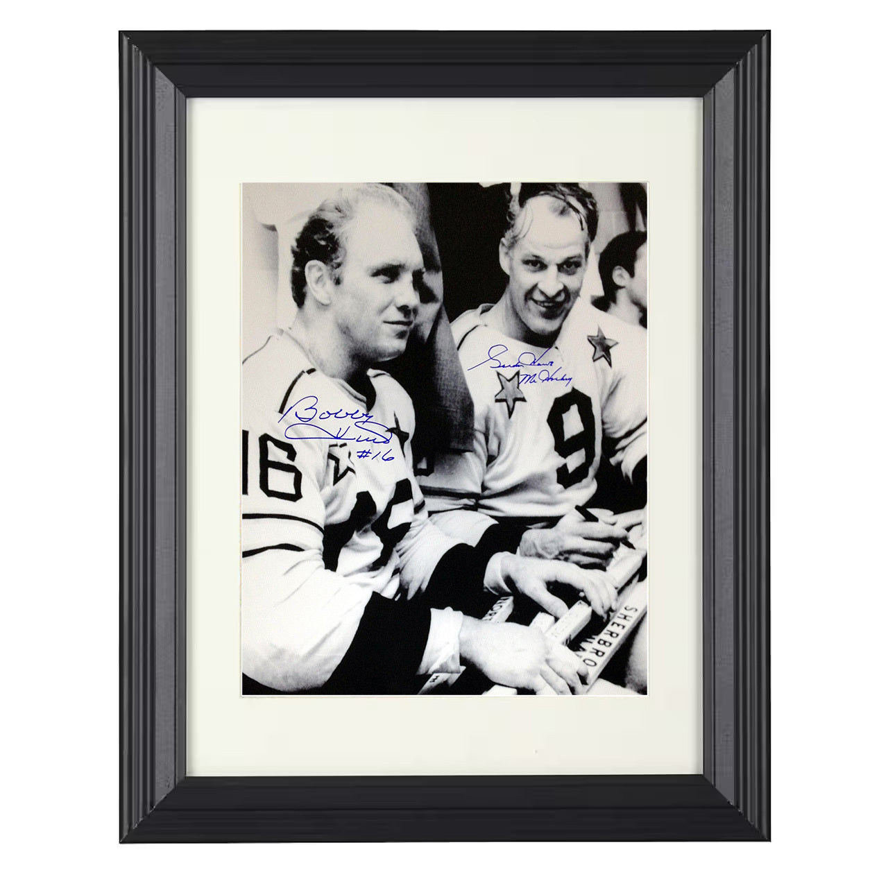 Bobby Hull and Gordie Howe – All Star Bench Moment 8x10 matted black framed hockey wall art