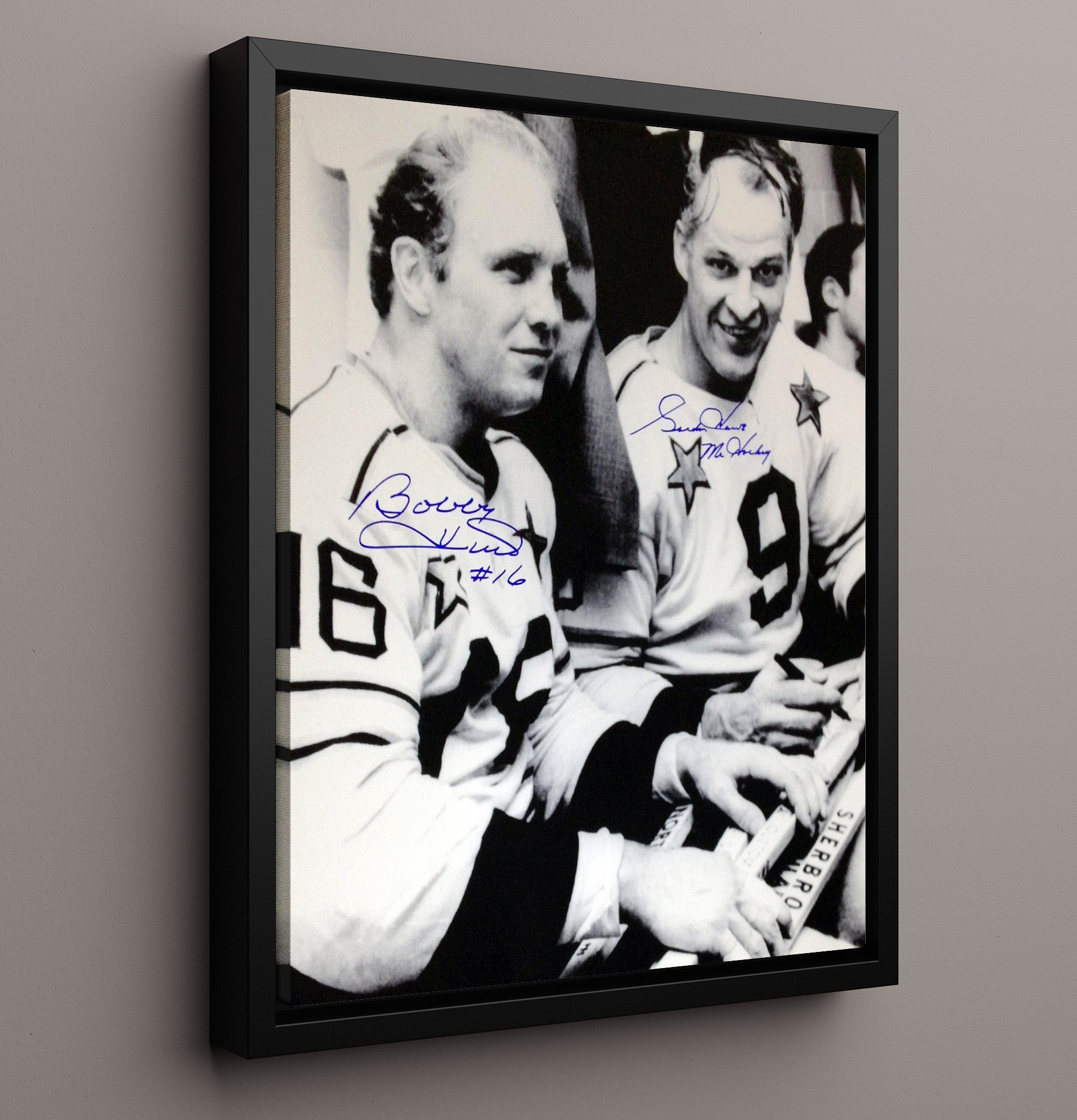 Bobby Hull and Gordie Howe - All Star Bench Moment Hockey Wall Art - hockey wall art print