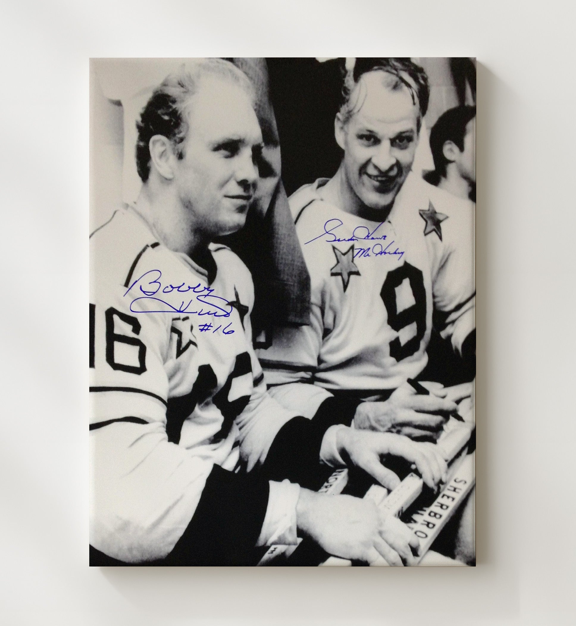 Bobby Hull and Gordie Howe - All Star Bench Moment Hockey Wall Art - hockey wall art print