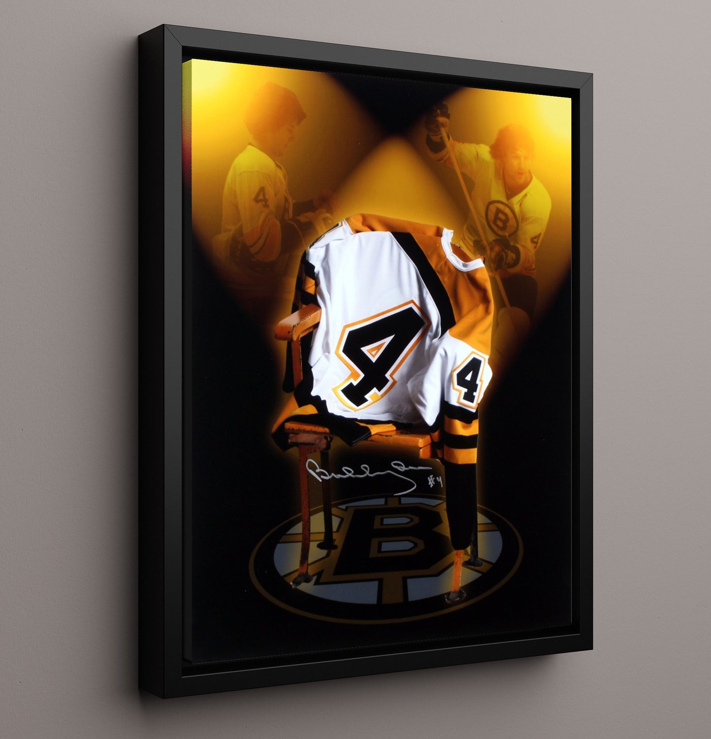 Bobby Orr - Boston Hockey Number 4 Jersey Tribute Spotlight Hockey Wall Art - hockey wall art print