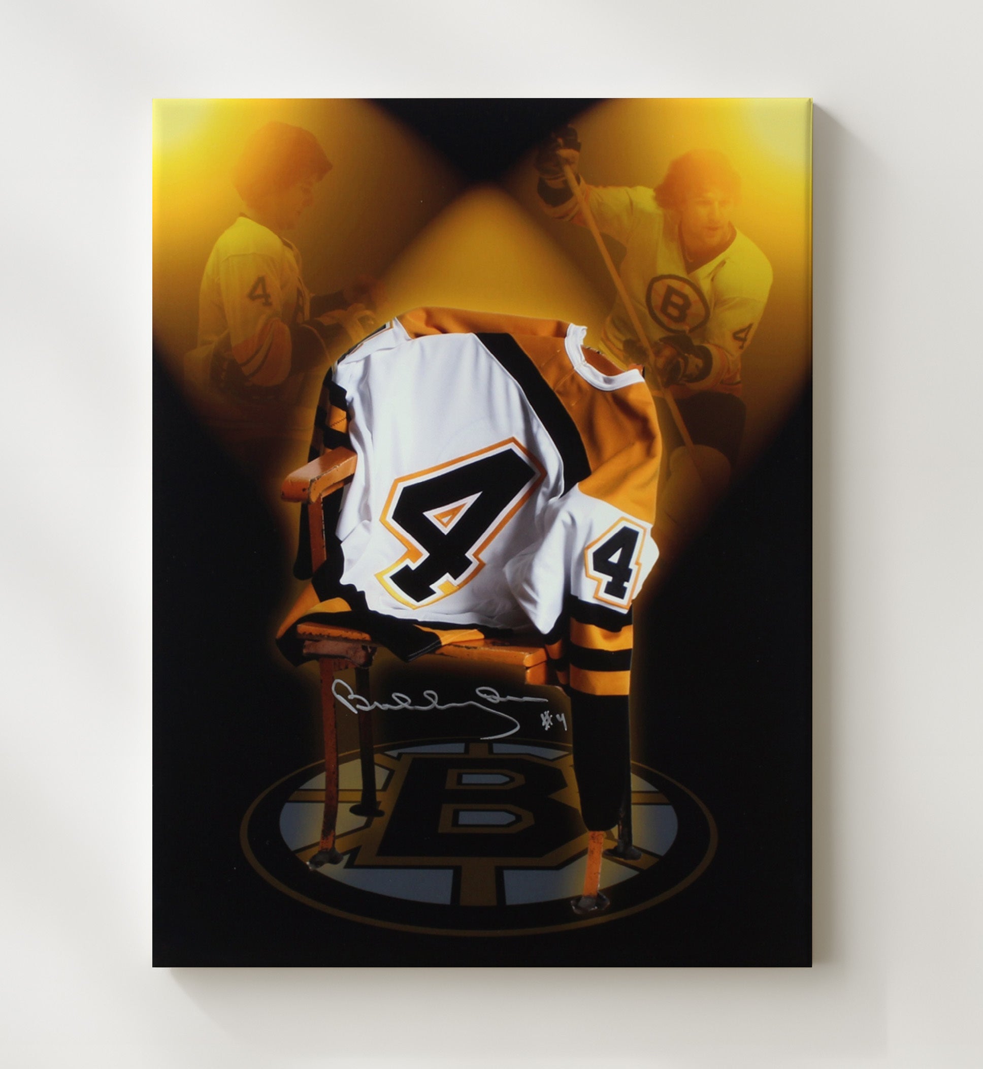 Bobby Orr - Boston Hockey Number 4 Jersey Tribute Spotlight Hockey Wall Art - hockey wall art print
