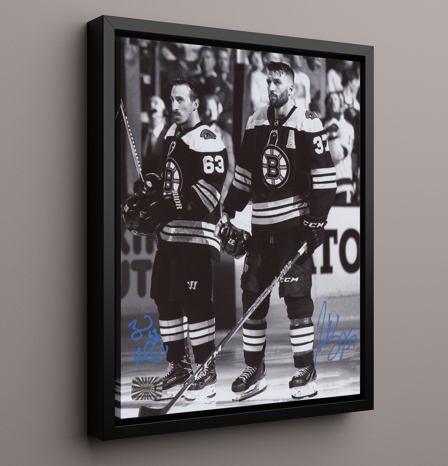 Brad Marchand and Patrice Bergeron - Boston Hockey Teammates Pre Game Moment Hockey Wall Art - hockey wall art print