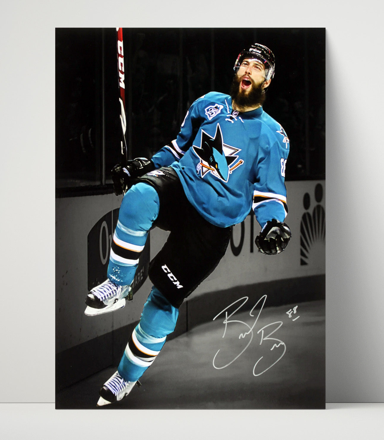 Brent Burns - San Jose Hockey Goal Celebration Leap Hockey Wall Art - hockey wall art print