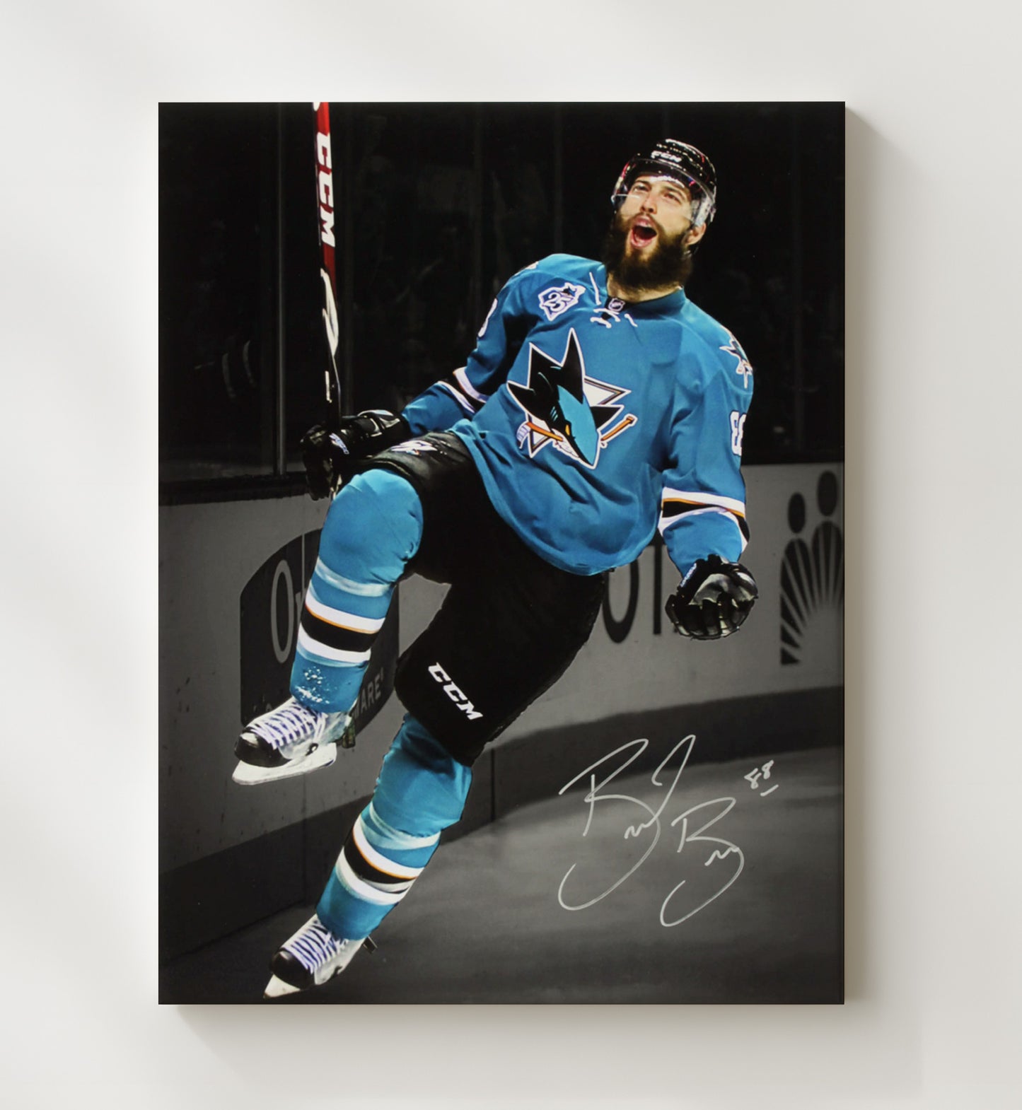 Brent Burns - San Jose Hockey Goal Celebration Leap Hockey Wall Art - hockey wall art print