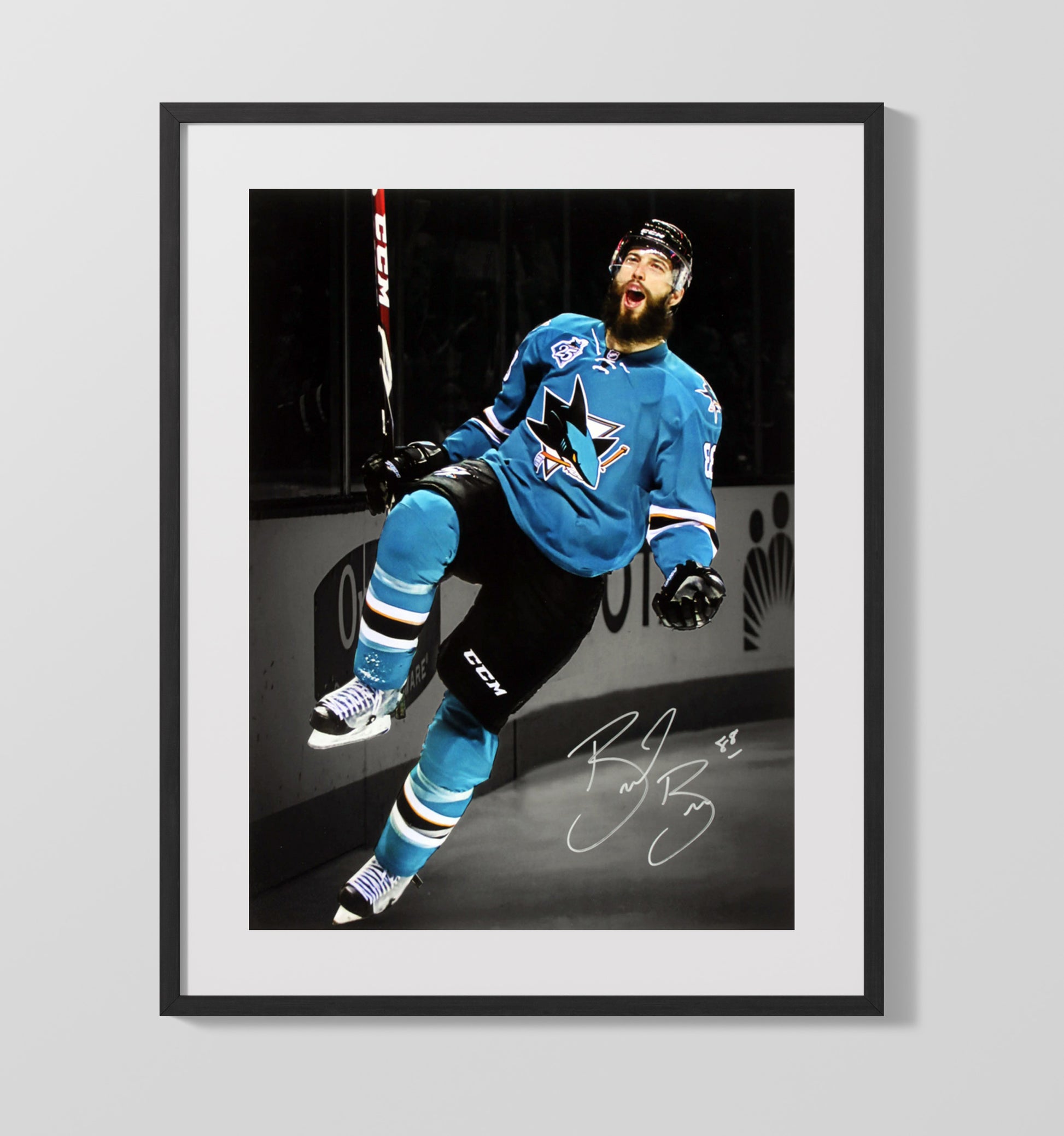 Brent Burns - San Jose Hockey Goal Celebration Leap Hockey Wall Art - hockey wall art print