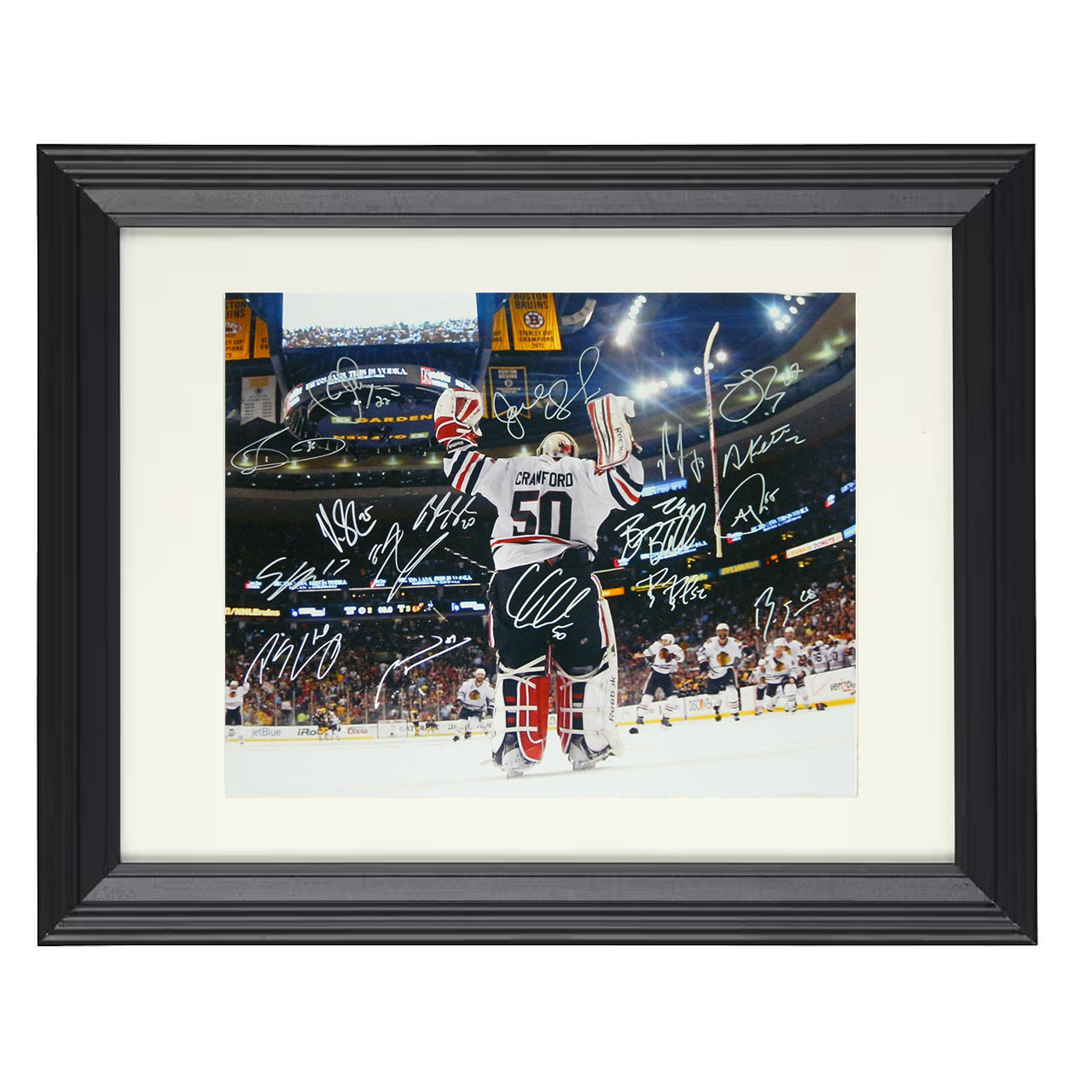 Corey Crawford – Chicago Stanley Cup Celebration 8x10 matted black framed hockey wall art