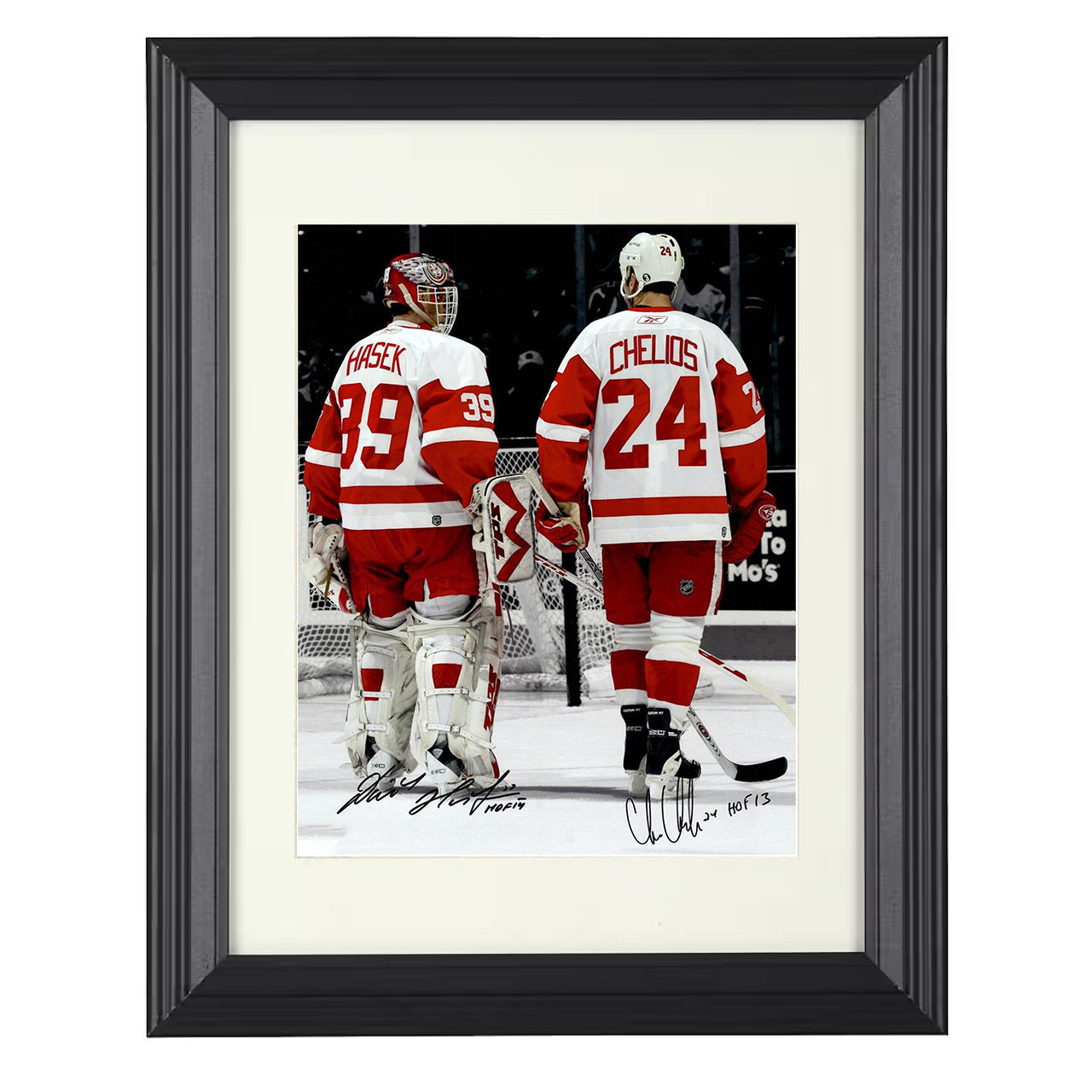 Dominik Hašek and Chris Chelios – Detroit Teammates 8x10 matted black framed hockey wall art