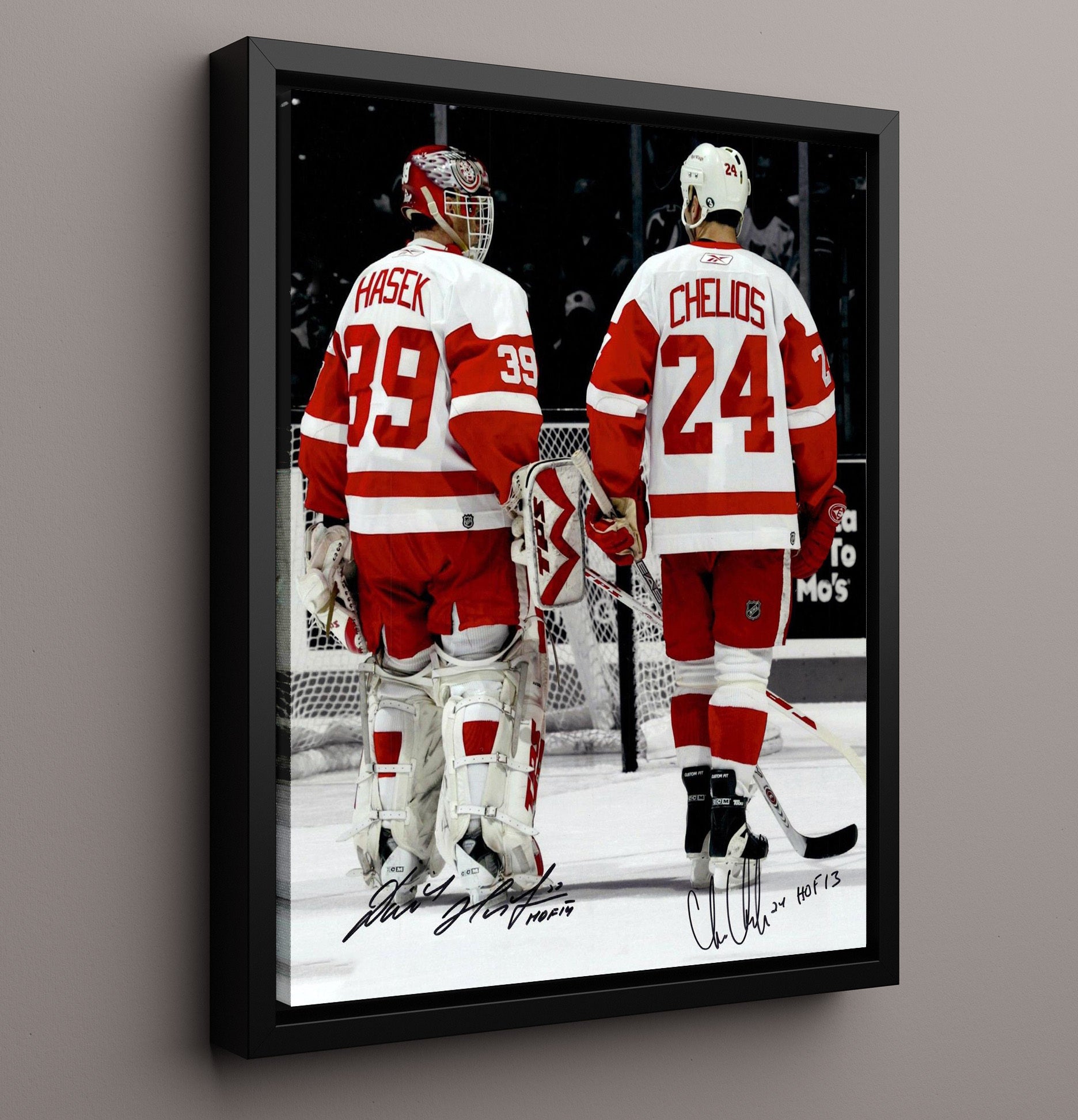 Dominik Hasek and Chris Chelios - Detroit Hockey Teammates From Behind Hockey Wall Art - hockey wall art print
