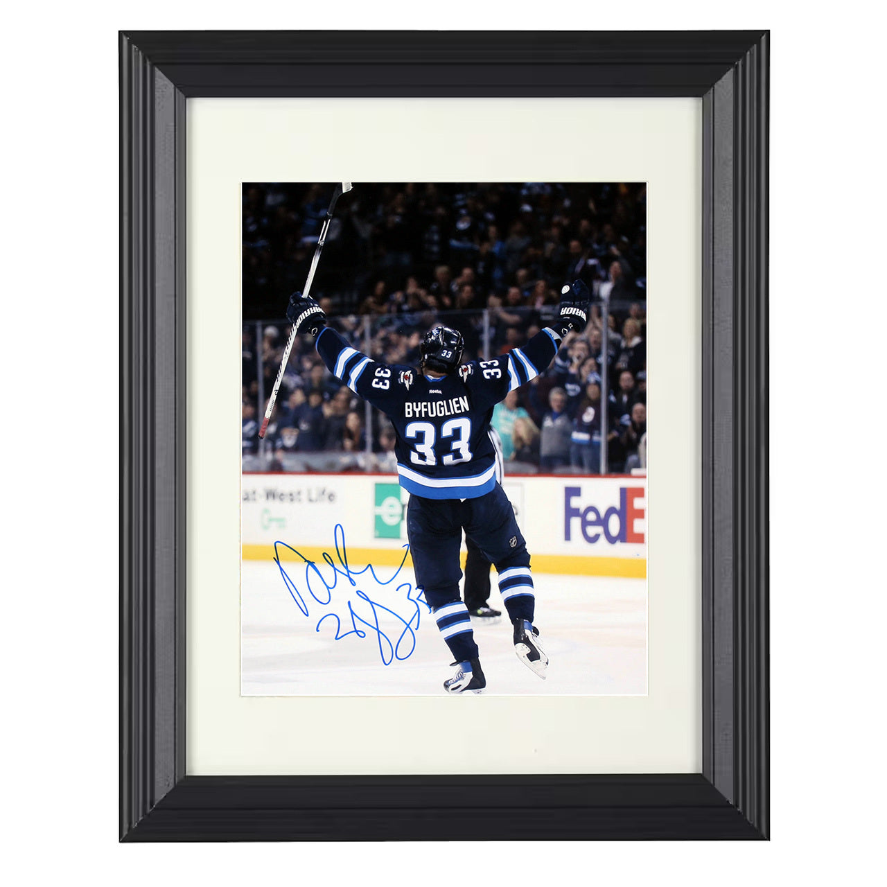 Dustin Byfuglien – Winnipeg Goal Celebration Skate Away 8x10 matted black framed hockey wall art