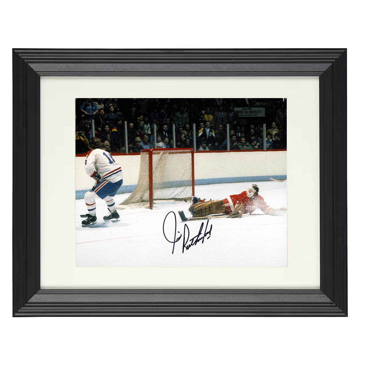 Jim Rutherford – Detroit Goalie Save Attempt Vintage 8x10 matted black framed hockey wall art