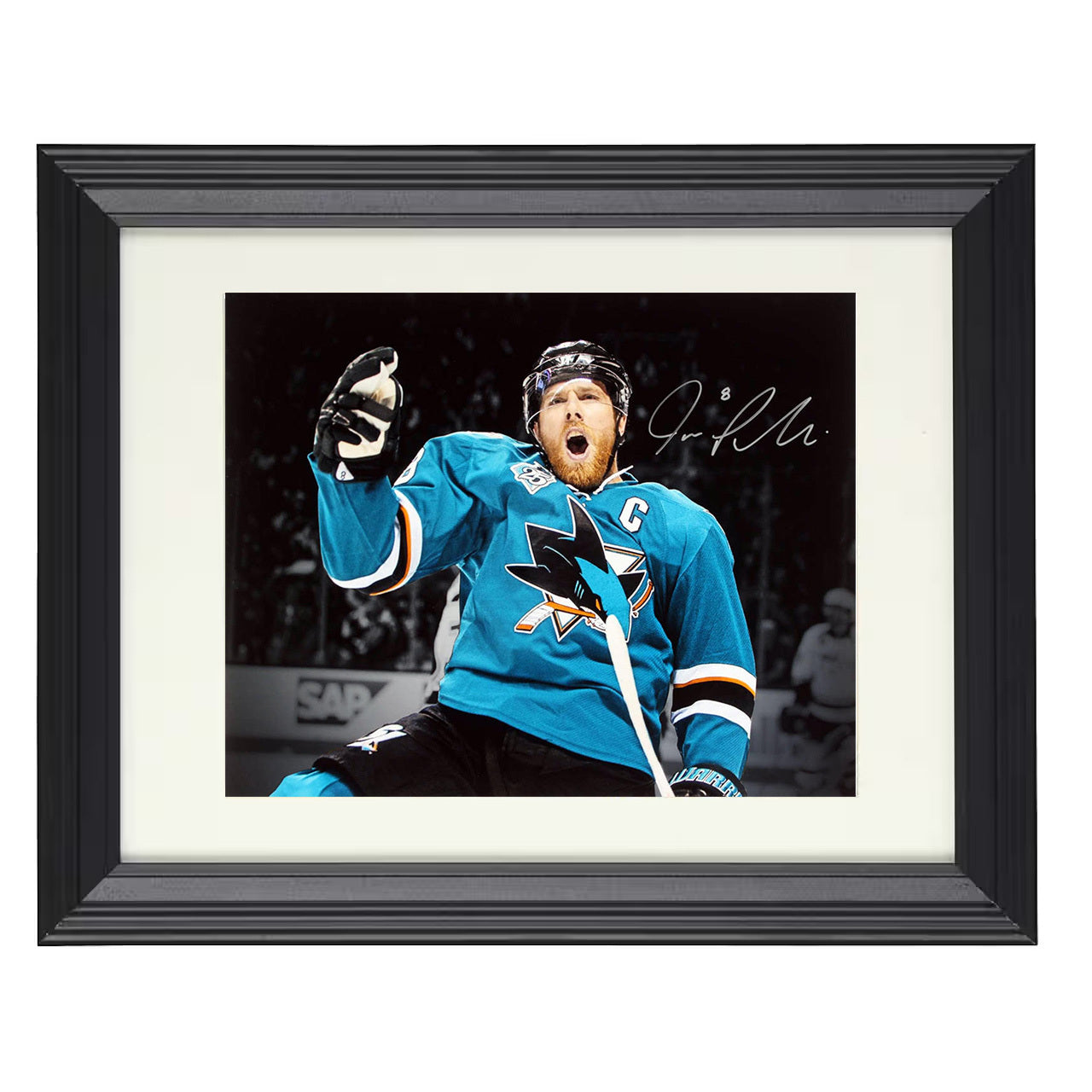 Joe Pavelski – San Jose Captain Goal Celebration 8x10 matted black framed hockey wall art