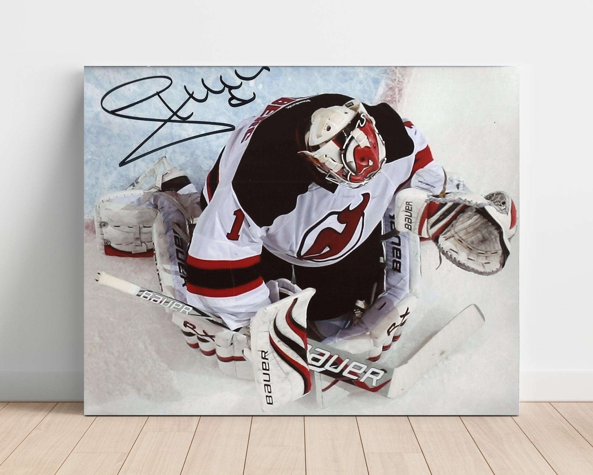 John Hedberg - New Jersey Hockey Goalie Overhead Save Attempt Hockey Wall Art - hockey wall art print