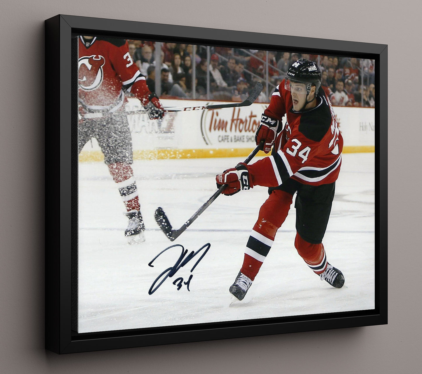 Jon Merrill - New Jersey Hockey Skating Action Red Jersey Hockey Wall Art - hockey wall art print