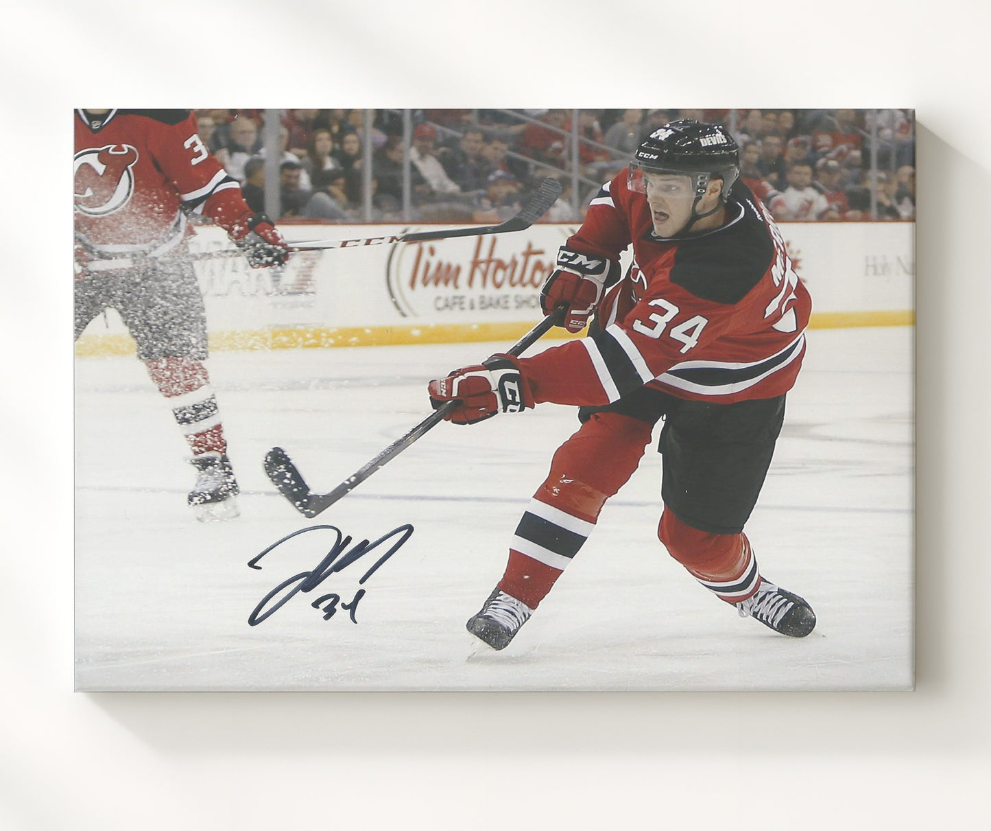 Jon Merrill - New Jersey Hockey Skating Action Red Jersey Hockey Wall Art - hockey wall art print