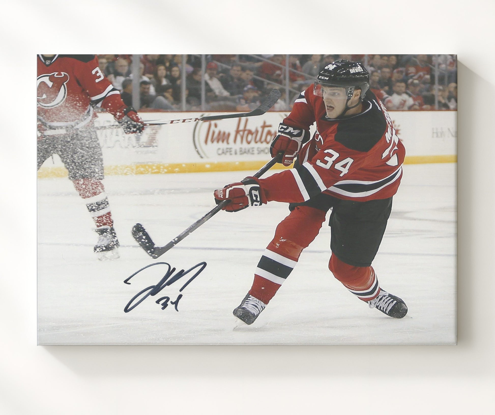 Jon Merrill - New Jersey Hockey Skating Action Red Jersey Hockey Wall Art - hockey wall art print