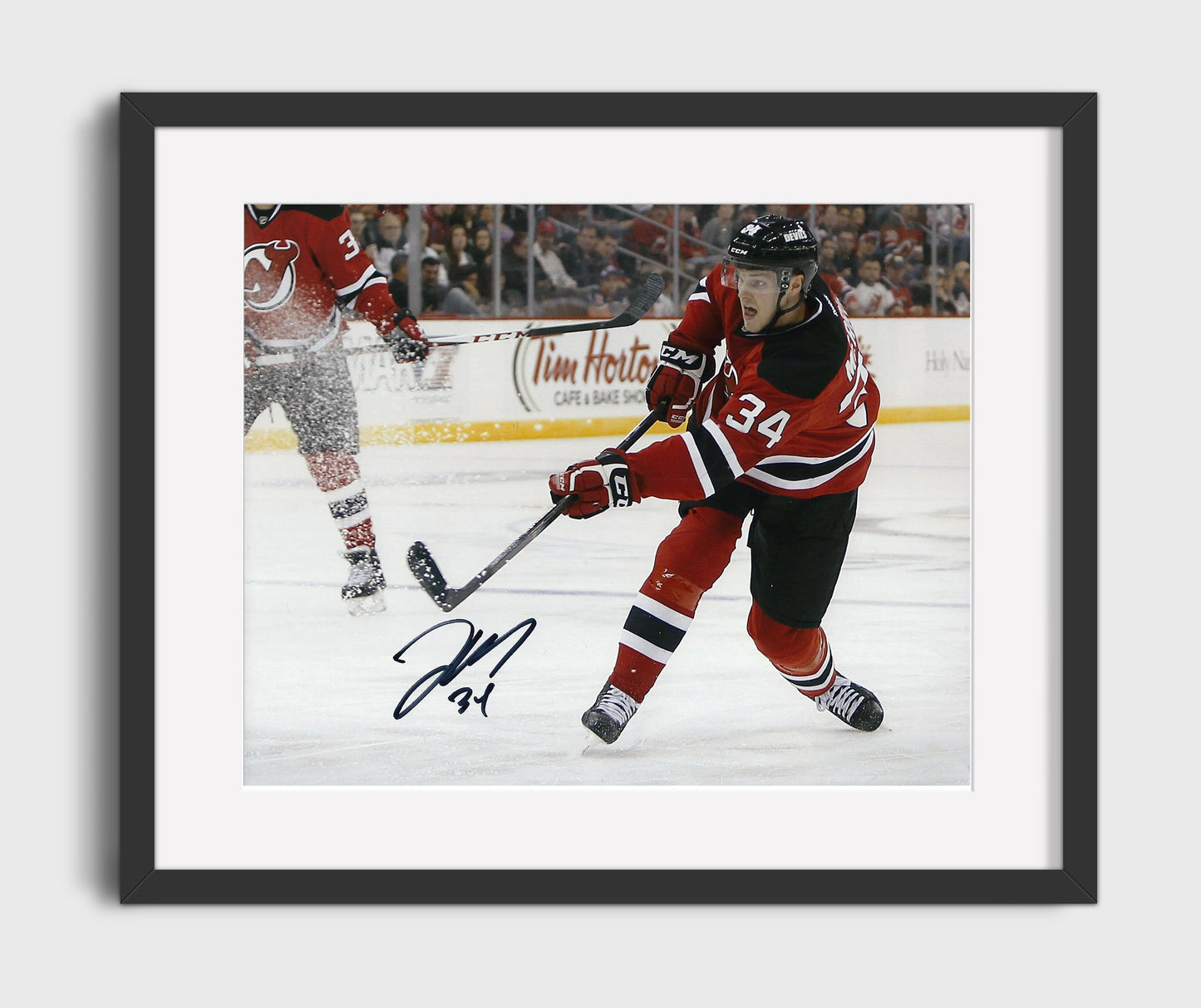 Jon Merrill - New Jersey Hockey Skating Action Red Jersey Hockey Wall Art - hockey wall art print