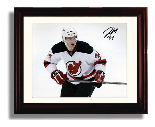 Jon Merrill - New Jersey Hockey Skating Action White Jersey Hockey Wall Art - hockey wall art print