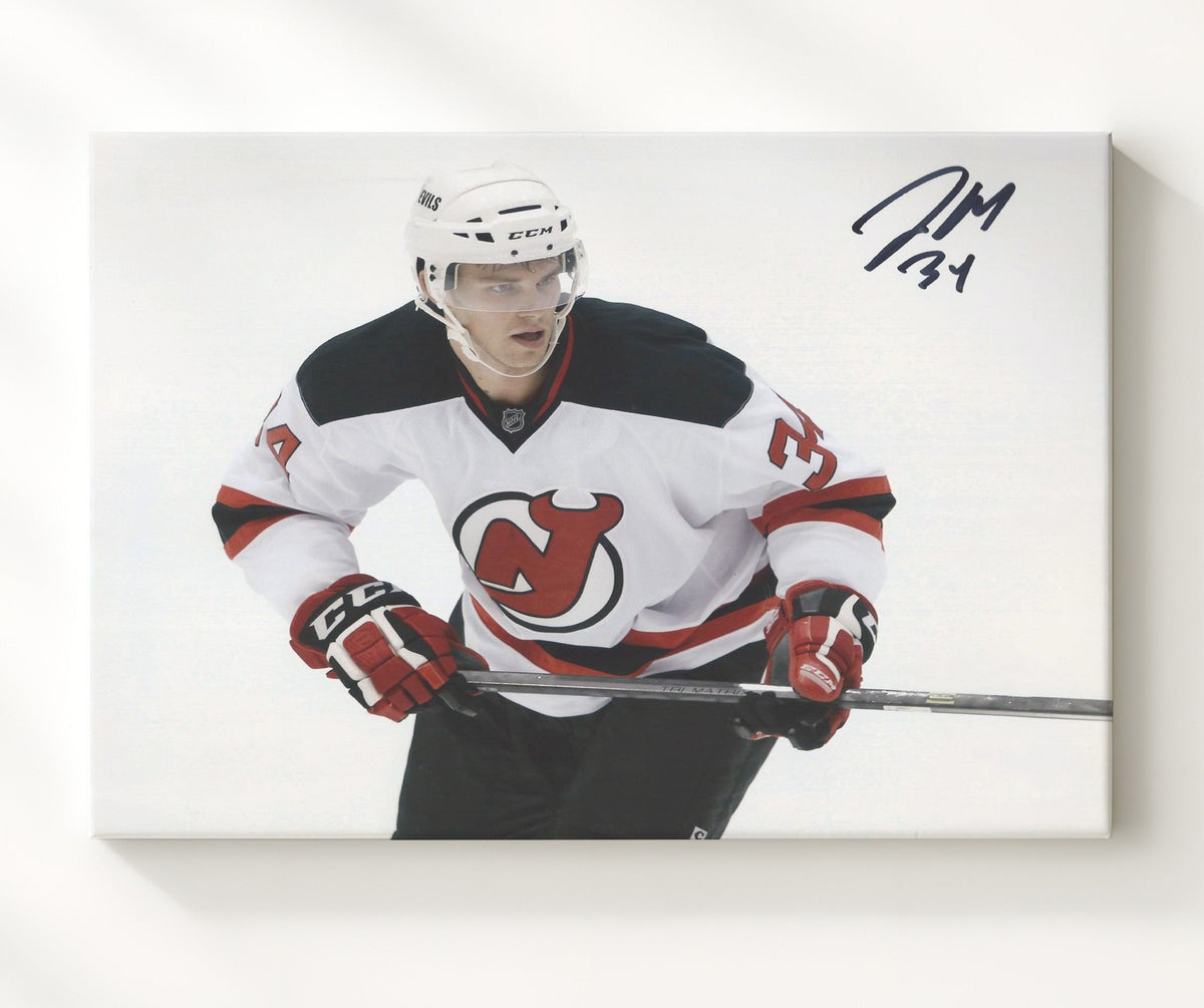Jon Merrill - New Jersey Hockey Skating Action White Jersey Hockey Wall Art - hockey wall art print
