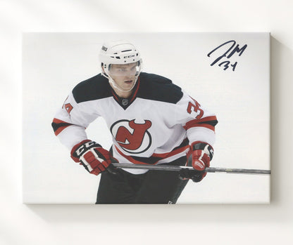 Jon Merrill - New Jersey Hockey Skating Action White Jersey Hockey Wall Art - hockey wall art print