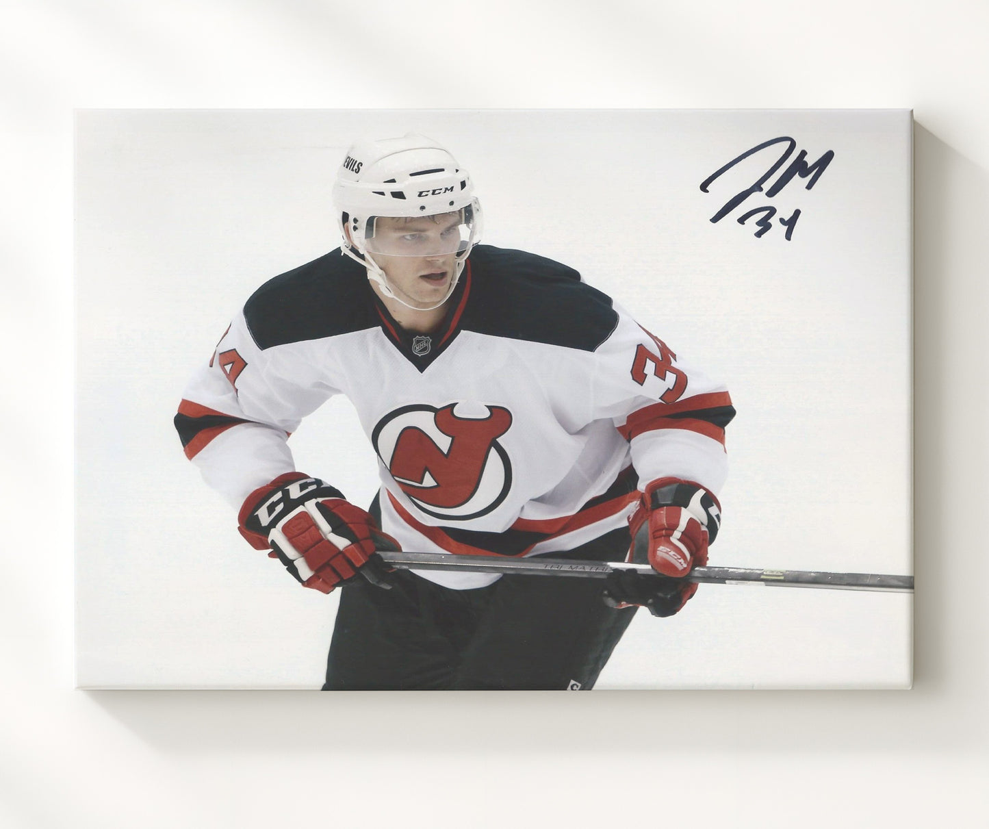 Jon Merrill - New Jersey Hockey Skating Action White Jersey Hockey Wall Art - hockey wall art print