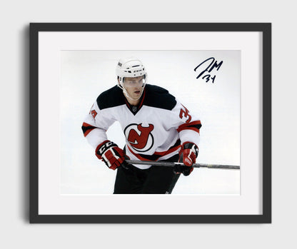 Jon Merrill - New Jersey Hockey Skating Action White Jersey Hockey Wall Art - Hockey Framed Print