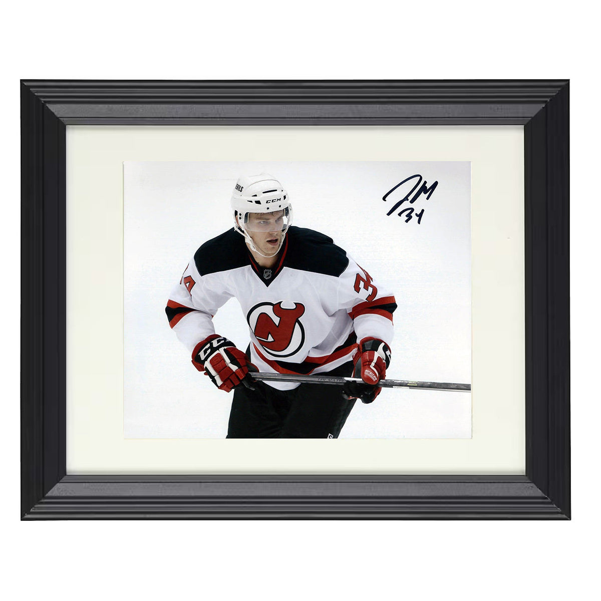 Jon Merrill - New Jersey Hockey Skating Action White Jersey Hockey Wall Art - hockey wall art print
