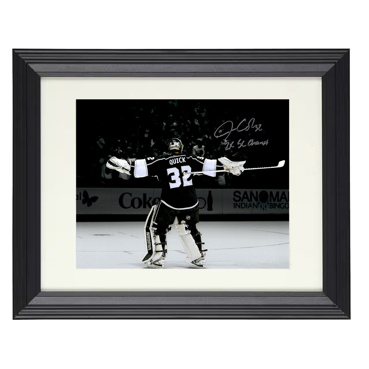 Jonathan Quick – Los Angeles Goalie Victory Arms Celebration 8x10 matted black framed hockey wall art